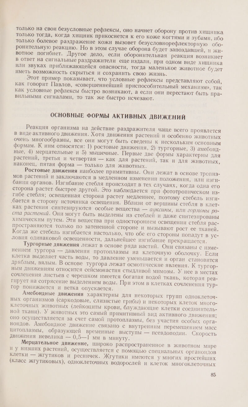 только на свои безусловные рефлексы, оно начнет оборону против хищника только тогда, когда хищник прикоснется к его коже когтями и зубами, ибо только болевое раздражение кожи вызовет безусловнорефлекторную обо- ронительную реакцию. Но в этом случае оборона будет запоздавшей, и жи- вотное погибнет. Другое дело, если оборонительная реакция возникнет В ответ на сигнальные раздражители еще издали, при одном виде хищника или звуках приближающейся опасности, тогда маленькое животное будет иметь возможность скрыться и сохранить свою жизнь. Этот пример показывает, что условные рефлексы представляют собой, как говорит Павлов, «совершеннейший приспособительный механизм», так как условные рефлексы быстро возникают, а если они перестают быть пра- ВИЛЬНЫмМи сигналами, то так же быстро исчезают. ОСНОВНЫЕ ФОРМЫ АКТИВНЫХ ДВИЖЕНИЙ Реакция организма на действие раздражителя чаще всего проявлется в виде активного движения. Хотя движения растений и особенно животных очень многообразны, все они могут быть сведены к нескольким основным формам. К ним относятся: 1) ростовые движения, 2) тургорные, 3) амебоид- ные, 4) мерцательные и 5) мышечные. Первые две формы характерны для растений, третья и четвертая — как для растений, так и для животных, наконец, пятая форма — только для животных. Ростовые движения наиболее примитивны. Они лежат в основе тропиз- мов растений и заключаются в медленном изменений положения, или изги- бании органов. Изгибание стебля происходит в тех случаях, когда одна его сторона растет быстрее другой. Это наблюдается при фототропическом из- гибе стебля; освещенная сторона растет медленнее, поэтому стебель изги- ‚бается в сторону источника освещения. Вблизи от вершины стебля в клет- ках растения синтезируются особые вещества — ауксины, или гормоны ро- ста растений. Они могут быть выделены из стеблей и даже синтезированы химическим путем. Эти вещества при одностороннем освещении стебля рас- пространяются только по затененной стороне и вызывают рост ее тканей. Когда же стебель изгибается настолько, что обе его стороны попадут в ус- ловия одинаковой освещенности, дальнейшее изгибание прекращается. Тургорные движения лежат в основе ряда настий. Они связаны с изме- нением тургора — давления протоплазмы на клеточную оболочку. Если клетка выделяет часть воды, то давление уменыпается и орган становится дряблым, вялым. В основе тургора лежат осмотические явления. К тургор- ным движениям относится сейсмонастия стыдливой мимозы. У нее в местах сочленения листьев с черешком имеется богатая водой ткань, которая реа- : Ирует на сотрясение выделением воды. При этом в клетках сочленения тур- гор понижается и ветка опускается. Амебоидные движения характерны для некоторых групп одноклеточ- ных организмов (саркодовые, слизистые грибы) и некоторых клеток много- клеточных животных (лейкоциты крови, блуждающие клетки соединитель- ной ткани). У животных это самый примитивный вид активного движения; оно осуществляется за счет самой протоплазмы, без участия особых орга- ноидов. Амебоидное движение связано с внутренним перемещением масс цитоплазмы, образующей временные выступы — псевдоподии. Скорость движения невелика — 0,5—1 мм в минуту. Мерцательное движение, широко распространенное в животном мире И у низших растений, осуществляется с помощью специальных органоидов клетки — жгутиков и ресничек. Жгутики имеются у многих простейших (класс жгутиковых), одноклеточных водорослей и клеток многоклеточных