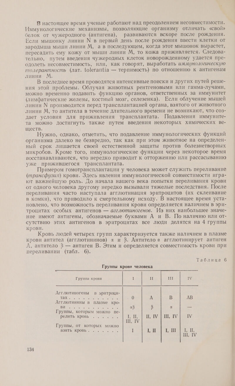 В настоящее время ученые работают над преодолением несовместимости. Иммунологические механизмы, позволяющие организму отличать «свой» белок от чужеродного (антигена), развиваются вскоре после рождения. Если мышонку линии М в первый день после рождения ввести клетки от зародыша мыши линии М, а в последующем, когда этот мышонок вырастет, пересадить ему кожу от мыши линии М, то кожа приживляется. Следова- тельно, путем введения чужеродных клеток новорожденному удается пре- одолеть несовместимость, или, как говорят, выработать иммунологическую толерантность (лат. юегап а — терпимость) по отношению к антигенам линии М. | В последнее время проводятся интенсивные поиски и других путей реше- ния этой проблемы. Облучая животных рентгеновыми или гамма-лучами, можно временно подавить функцию органов, ответственных за иммунитет (лимфатические железы, костный мозг, селезенка). Если облучение мышей линии М производится перед трансплантацией органа, взятого от животного линии М, то антитела в течение длительного времени не возникают, что соз- дает условия для приживления трансплантата. Подавления иммуните- та можно достигнуть также путем введения некоторых химических ве- ществ. Нужно, однако, отметить, что подавление иммунологических функций организма далеко не безвредно, так как при этом животное на определен- ный срок лишается своей естественной защиты против болезнетворных микробов. Кроме того, иммунологические функции через некоторое время восстанавливаются, что нередко приводит к отторжению или рассасыванию уже прижившегося трансплантата. Примером гомотрансплантации у человека может служить переливание (прансфузия) крови. Здесь явления иммунологической совместимости игра- ют важнейшую роль. До начала нашего века. попытки переливания крови от одного человека другому нередко вызывали тяжелые последствия. После переливания часто наступала агглютинация эритроцитов (их склеивание в комки), что приводило к смертельному исходу. В настоящее время уста- новлено, что возможность переливания крови определяется наличием в эри- троцитах особых антигенов — агелютиногенов. Из них наибольшее значе- ние имеют антигены, обозначаемые буквами А и В. По наличию или от- сутствию этих антигенов в эритроцитах все люди делятся на 4 группы крови. Кровь людей четырех групп характеризуется также наличием в плазме крови антител (агглютининов) х и 8. Антитело а агглютинирует антиген А, антитело 3 — антиген В. Этим и определяется совместимость крови при переливании (табл. 6). Таблица 6 Группы крови человека Группа крови п ПТ ТУ Агглютиногены в эритроци- с И о В А В АВ Агглютинины в плазме кро- о о а В а == Группы, которым можно пе- релить;: кровь... ВЫ Пора Я Группы, от которых можно О: о | И р, ПТУ