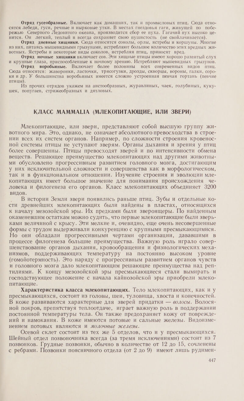 Отряд гусеобразные. Включает как домашних, так и промысловых птиц. Сюда отно- сятся лебеди, гуси, речные и нырковые утки. В местах гнездовья гаги, живущей по побе- режью Северного Ледовитого океана, производится сбор ее пуха. Гагачий пух высоко це- нится. Он легкий, теплый и всегда сохраняет свою пушистость (не свойлачивается). Отряд дневные хищники. Сюда относятся соколы, орлы, ястребы и коршуны. Многие из них, питаясь мышевидными грызунами, истребляют большое количество этих вредных жи- вотных. Ястребы и некоторые виды соколов, истребляя птиц, приносят вред. Отряд ночные хищники включает сов. Эти хищные птицы имеют хорошо развитый слух и крупные глаза, приспособленные к ночному зрению. Истребляют мышевидных грызунов. Отряд воробьиные. Включает более половины всех современных видов птиц. Сюда относятся: жаворонки, ласточки, трясогузки, дрозды, скворцы, вороны, галки, соро- ки и др. У большинства воробьиных имеется сложно устроенная певчая гортань (певчие птицы). Из прочих отрядов укажем на аистообразных, журавлиных, чаек, голубиных, куку- шек, попугаев, стрижеобразных и дятловых. КЛАСС МАММАШМА (МЛЕКОПИТАЮЩИЕ, ИЛИ ЗВЕРИ) Млекопитающие, или звери, представляют собой высшую группу жи- _ вотного мира. Это, однако, не означает абсолютного превосходства в строе- нии всех их систем органов. Например, по сложности строения кровенос- ной системы птицы не уступают зверям. Органы дыхания и зрения у птиц более совершенны. Птицы превосходят зверей и по интенсивности обмена веществ. Решающее преимущество млекопитающих над другими животны- ми обусловлено прогрессивным развитием головного мозга, достигающим у них исключительной сложности и совершенства как в морфологическом, так и в функциональном отношении. Изучение строения и эволюции мле- копитающих имеет болыпое значение для понимания происхождения че- ловека и филогенеза его органов. Класс млекопитающих объединяет 3200 ВИДОВ. | В истории Земли звери появились раньше птиц. Зубы и отдельные ко- сти древнейших млекопитающих были найдены в пластах, относящихся к началу мезозойской эры. Их предками были звероящеры. По найденным окаменевшим остаткам можно судить, что первые млекопитающие были зверь- ками величиной с крысу. Эти мелкие и, очевидно, еще очень несовершенные формы с трудом выдерживали конкуренцию с крупными пресмыкающимися. Но они обладали прогрессивными чертами организации, дававшими в процессе филогенеза большие преимущества. Важную роль играло совер- шенствование органов дыхания, кровообращения и физиологических меха- низмов, поддерживающих температуру на постоянно высоком уровне (гомойотермность). Это наряду с прогрессивным развитием органов чувств и головного мозга дало млекопитающим решающие преимущества над реп- тилиями. К концу мезозойской эры пресмыкающиеся стали вымирать и господствующее положение с начала кайнозойской эры приобрели млеко- питающие. Характеристика класса млекопитающих. Тело млекопитающих, как и у пресмыкающихся, состоит из головы, шеи, туловища, хвоста и конечностей. В коже развиваются характерные для зверей придатки — волосы. Волося- ной покров, препятствуя теплоотдаче, играет важную роль в поддержании постоянной температуры тела. Он также предохраняет кожу от поврежде- ний и намокания. В коже имеются потовые и сальные железы. Видоизме- нением потовых являются и молочные железы. Осевой склет состоит из тех же 5 отделов, что и у пресмыкающихся. Шейный отдел позвоночника всегда (за тремя исключениями) состоит из 7 позвонков. Грудные позвонки, обычно в количестве от 12 до 15, сочленены с ребрами. Позвонки поясничного отдела (от 2 до 9) имеют лишь рудимен-