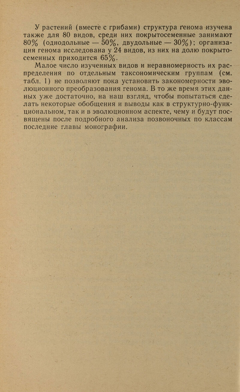 У растений (вместе с грибами) структура генома изучена также для 80 видов, среди них покрытосеменные занимают 80% (однодольные — 50%, двудольные — 30%); организа ция генома исследована у 24 видов, из них на долю покрыто семенных приходится 65%. Малое число изученных видов и неравномерность их рас пределения по отдельным таксономическим группам (см. табл. 1) не позволяют пока установить закономерности эво люционного преобразования генома. В то же время этих дан ных уже достаточно, на наш взгляд, чтобы попытаться сде лать некоторые обобщения и выводы как в структурно-функ циональном, так и в эволюционном аспекте, чему и будут пос вящены после подробного анализа позвоночных по классам последние главы монографии.