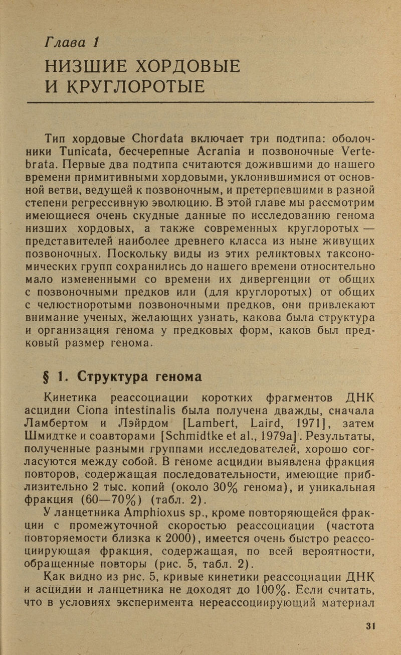 Глава 1 НИЗШИЕ ХОРДОВЫЕ И КРУГЛОРОТЫЕ Тип хордовые Chordata включает три подтипа: оболоч ники Tunicata, бесчерепные Acrania и позвоночные Verte brata. Первые два подтипа считаются дожившими до нашего времени примитивными хордовыми, уклонившимися от основ ной ветви, ведущей к позвоночным, и претерпевшими в разной степени регрессивную эволюцию. В этой главе мы рассмотрим имеющиеся очень скудные данные по исследованию генома низших хордовых, а также современных круглоротых — представителей наиболее древнего класса из ныне живущих позвоночных. Поскольку виды из этих реликтовых таксоно мических групп сохранились до нашего времени относительно мало измененными со времени их дивергенции от общих с позвоночными предков или (для круглоротых) от общих с челюстноротыми позвоночными предков, они привлекают внимание ученых, желающих узнать, какова была структура и организация генома у предковых форм, каков был пред- ковый размер генома. § 1. Структура генома Кинетика реассоциации коротких фрагментов ДНК асцидии Ciona intestinalis была получена дважды, сначала Ламбертом и Лэйрдом [Lambert, Laird, 1971], затем Шмидтке и соавторами [Schmidtke et al., 1979а]. Результаты, полученные разными группами исследователей, хорошо сог ласуются между собой. В геноме асцидии выявлена фракция повторов, содержащая последовательности, имеющие приб лизительно 2 тыс. копий (около 30% генома), и уникальная фракция (60—70%) (табл. 2). У ланцетника Amphioxus sp., кроме повторяющейся фрак ции с промежуточной скоростью реассоциации (частота повторяемости близка к 2000), имеется очень быстро реассо циирующая фракция, содержащая, по всей вероятности, обращенные повторы (рис. 5, табл. 2). Как видно из рис. 5, кривые кинетики реассоциации ДНК и асцидии и ланцетника не доходят до 100%. Если считать, что в условиях эксперимента нереассоциирующий материал