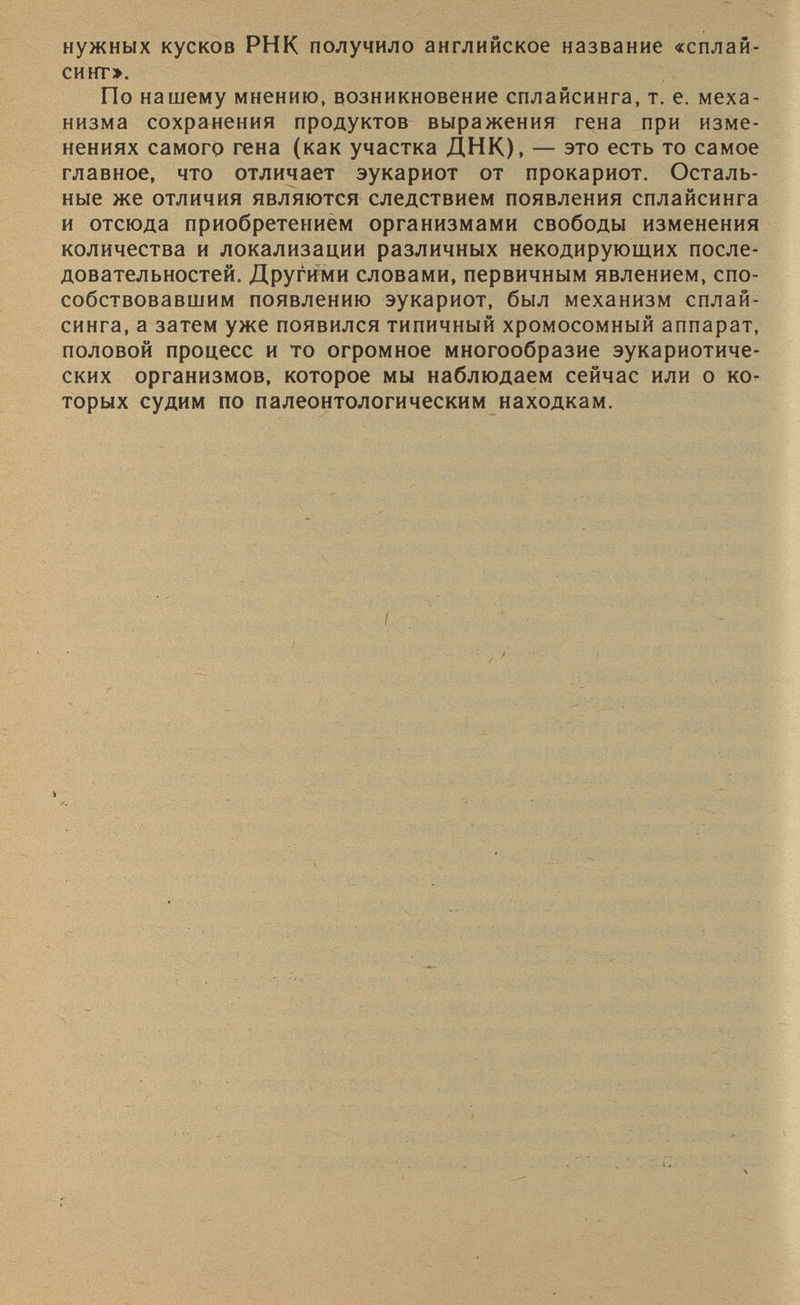 нужных кусков РНК получило английское название «сплай- синг>. По нашему мнению, возникновение сплайсинга, т. е. меха низма сохранения продуктов выражения гена при изме нениях самого гена (как участка ДНК), — это есть то самое главное, что отличает эукариот от прокариот. Осталь ные же отличия являются следствием появления сплайсинга и отсюда приобретением организмами свободы изменения количества и локализации различных некодирующих после довательностей. Другими словами, первичным явлением, спо собствовавшим появлению эукариот, был механизм сплай синга, а затем уже появился типичный хромосомный аппарат, половой процесс и то огромное многообразие эукариотиче ских организмов, которое мы наблюдаем сейчас или о ко торых судим по палеонтологическим находкам.