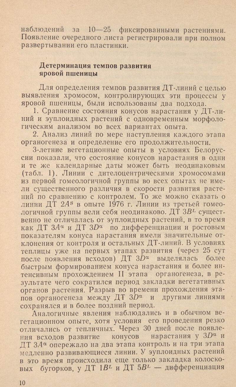 наблюдений за 10—25 фиксированными растениями. Появление очередного листа регистрировали при полном развертывании его пластинки. Детерминация темпов развития яровой пшеницы Для определения темпов развития ДТ-линий с целью выявления хромосом, контролирующих эти процессы у яровой пшеницы, были использованы два подхода. 1. Сравнение состояния конусов нарастания у ДТ-ли¬ ний и эуплоидных растений с одновременным морфоло¬ гическим анализом во всех вариантах опыта. 2. Анализ линий по мере наступления каждого этапа органогенеза и определение его продолжительности. 3-летние вегетационные опыты в условиях Белорус¬ сии показали, что состояние конусов нарастания в одни и те же календарные даты может быть неодинаковым (табл. 1). Линии с дителоцентрическими хромосомами из первой гомеологичной группы во всех опытах не име¬ ли существенного различия в скорости развития расте¬ ний по сравнению с контролем. То же можно сказать о линии ДТ 2Л® в опыте 1976 г. Линии из третьей гомео¬ логичной группы вели себя неодинаково. ДТ сущест¬ венно не отличалась от эуплоидных растений, в то время как ДТ ЗА^ и ДТ 3Z)°^ по дифференциации и ростовым показателям конуса нарастания имели значительные от¬ клонения от контроля и остальных ДТ-линий. В условиях теплицы уже на первых этапах развития (через 25 сут после появления всходов) ДТ выделялась более быстрым формированием конуса нарастания и более ин¬ тенсивным прохождением II этапа органогенеза, в ре¬ зультате чего сократился период закладки вегетативных органов растения. Разрыв во времени прохождения эта¬ пов органогенеза между ДТ 3D^ и другими линиями сохранялся и в более поздний период. Аналогичные явления наблюдались и в обычном ве¬ гетационном опыте, хотя условия его проведения резко отличались от тепличных. Через 30 дней после появле¬ ния всходов развитие конусов нарастания у 3D^ и ДТ ЗЛ^ опережало на два этапа контроль и на три этапа медленно развивающиеся линии. У эуплоидных растений в это время происходила еще только закладка колоско¬ вых бугорков, у ДТ 1В^ и ДТ — дифференциация 10
