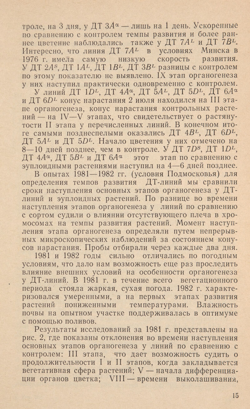 троле, на 3 дня, у ДТ ЗЛ« — лишь на 1 день. Ускоренные по сравнению с контролем темпы развития и более ран¬ нее цветение наблюдались также у ДТ 7А^ и ДТ 7В^. Интересно, что линия ДТ 7А^ в условиях Минска в 1976 г. имела самую низкую скорость развития. У ДТ 2Л®, ДТ 1А^, ДТ 1В^, ДТ ЗВ^ разницы с контролем по этому показателю не выявлено. IX этап органогенеза у них наступил практически одновременно с контролем. У линий ДТ Шь, ДТ 4Л^ ДТ ДТ SD^, ДТ 6А^ и ДТ 6D^ конус нарастания 2 июля находился на III эта¬ пе органогенеза, конус нарастания контрольных расте¬ ний— на IV—V этапах, что свидетельствует о растяну¬ тости II этапа у перечисленных линий. В конечном ито¬ ге самыми позднеспелыми оказались ДТ 4В^, ДТ 6D^, ДТ 5Л^ и ДТ 5D^. Начало цветения у них отмечено на 8—10 дней позднее, чем в контроле. У ДТ 7D®, ДТ \D^, ДТ 4А^, ДТ ЬВ^ и ДТ 6А°^ этот этап по сравнению с эуплоидными растениями наступил на 4—6 дней позднее. В опытах 1981 —1982 гг. (условия Подмосковья) для определения темпов развития ДТ-линий мы сравнили сроки наступления основных этапов органогенеза у ДТ- линий и эуплоидных растений. По разнице во времени наступления этапов органогенеза у линий по сравнению с сортом судили о влиянии отсутствующего плеча в хро¬ мосомах на темпы развития растений. Момент наступ¬ ления этапа органогенеза определяли путем непрерыв¬ ных микроскопических наблюдений за состоянием кону¬ сов нарастания. Пробы отбирали через каждые два дня. 1981 и 1982 годы сильно отличались по погодным условиям, что дало нам возможность еще раз проследить влияние внешних условий на особенности органогенеза у ДТ-линий. В 1981 г. в течение всего вегетационного периода стояла жаркая, сухая погода. 1982 г. характе¬ ризовался умеренными, а на первых этапах развития растений пониженными температурами. Влажность почвы на опытном участке поддерживалась в оптимуме с помощью поливов. Результаты исследований за 1981 г. представлены на рис. 2, где показаны отклонения во времени наступления основных этапов органогенеза у линий по сравнению с контролем: III этапа, что дает возможность судить о продолжительности I и II этапов, когда закладывается вегетативная сфера растений; V — начала дифференциа¬ ции органов цветка; VIII — времени выколашивания, 15