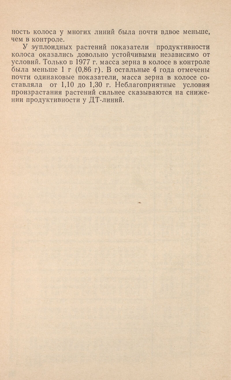ность колоса у многих линий была почти вдвое меньше, чем в контроле. У эунлоидных растений показатели продуктивности колоса оказались довольно устойчивыми независимо от условий. Только в 1977 г. масса зерна в колосе в контроле была меньше 1 г (0,86 г). В остальные 4 года отмечены почти одинаковые показатели, масса зерна в колосе со¬ ставляла от 1,10 до 1,30 г. Неблагоприятные условия произрастания растений сильнее сказываются на сниже¬ нии продуктивности у ДТ-линий.