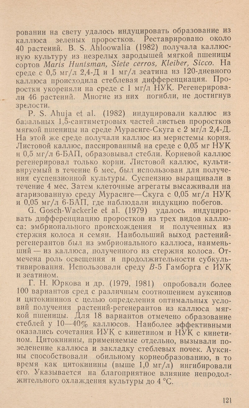 ровании на свету удалось индуцировать образование из каллюса зеленых проростков. Реставрировано около 40 растений. В-. S. Ahloowalia (1982) получала каллюс- ную культуру из незрелых зародышей мягкой пшеницы сортов Maris Huntsman, Siete cerros, Kleiber, Sicco. Ha среде с 0,5 мг/л 2,4-Д и 1 мг/л зеатина из 120-дневного каллюса происходила стеблевая дифференциация. Про¬ ростки укореняли на среде с 1 мг/л НУК. Регенерирова¬ ли 46 растений. Многие из них погибли, не достигнув зрелости. Р. S. Ahuja et al. (1982) индуцировали каллюс из бас;альных 1,5-сантиметровых частей листьев проростков мягкой пшеницы на среде Мурасиге-Скуга с 2 мг/л 2,4-Д. На этой же среде получали каллюс из меристемы корня. Листовой каллюс, пассированный на среде с 0,05 мг НУК и 0,5 мг/л 6-БАП, образовывал стебли. Корневой каллюс регенерировал только корни. Листовой каллюс, культи¬ вируемый в течение б мес, был использован для получе¬ ния суспензионной культуры. Суспензию выращивали в течение 4 мес. Затем клеточные агрегаты высаживали на агаризованную среду Мурасиге—Скуга с 0,05 мг/л НУК и 0,05 мг/л 6-БАП, где наблюдали индукцию побегов. G. Gosch-Wackerle et al. (1979) удалось индуциро¬ вать дифференциацию проростков из трех видов каллю¬ са: эмбрионального происхол<дения и полученных из стержня колоса и семян. Наибольший выход растений- регенерантов был из эмбрионального каллюса, наимень¬ ший — из каллюса, полученного из стержня колоса. От¬ мечена роль освещения и продолжительности субкуль¬ тивирования. РТспользовали среду В-5 Гамборга с ИУК и зеатином. Г. Н. Юркова и др. (1979, 1981) опробовали более 100 вариантов сред с различным соотношением ауксинов и цитокининов с целью определения оптимальных усло¬ вий получения растений-регенерантов из каллюса мяг¬ кой пшеницы. Для 18 вариантов отмечено образование стеблей у 10—40% каллюсов. Наиболее эффективными оказались сочетания ИУК с кинетином и НУК с кинети- ном. Цитокинины, применяемые отдельно, вызывали по¬ зеленение каллюса и закладку стеблевых почек. Аукси¬ ны способствовали обильному корнеобразованию, в то время как цитокинины (выше 1,0 мг/л) ингибировали его. Указывается на благоприятное влияние непродол¬ жительного охлаждения культуры до 4 °С. 121