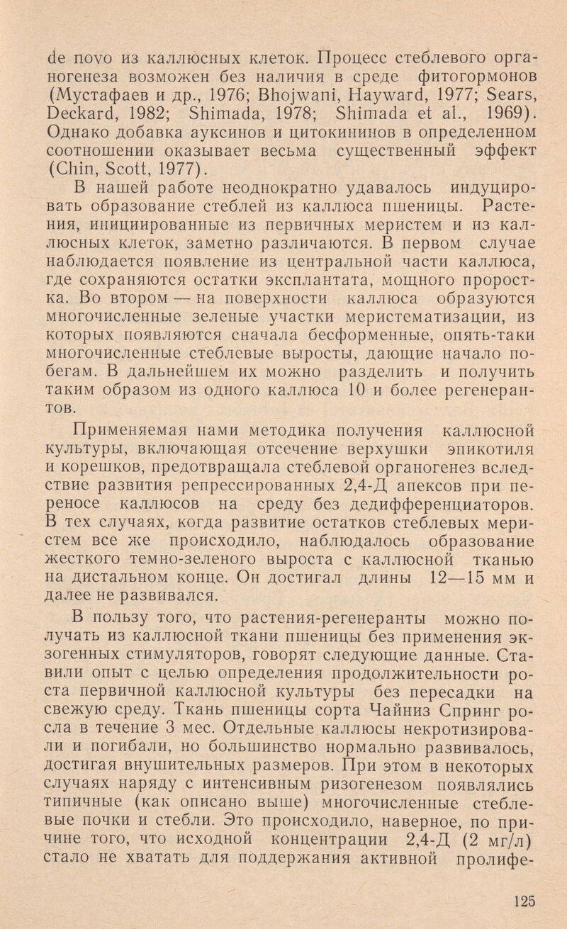 de novo из каллюсных клеток. Процесс стеблевого орга¬ ногенеза возможен без наличия в среде фитогормонов (Мустафаев и др., 1976; Bhoj'wani, Hayward, 1977; Sears, Deckard, 1982; Shimada, 1978; Shimada et al., 1969). Однако добавка ауксинов и цитокиниыов в определенном соотношении оказывает весьма существенный эффект (Chin, Scott, 1977). В нашей работе неоднократно удавалось индуциро¬ вать образование стеблей из каллюса пшеницы. Расте¬ ния, инициированные из первичных меристем и из кал¬ люсных клеток, заметно различаются. В первом случае наблюдается появление из центральной части каллюса, где сохраняются остатки эксплантата, мощного пророст¬ ка. Во втором — на поверхности каллюса образуются многочисленные зеленые участки меристематизации, из которых появляются сначала бесформенные, опять-таки многочисленные стеблевые выросты, дающие начало по¬ бегам. В дальнейшем их можно разделить и получить таким образом из одного каллюса 10 и более регенеран- тов. Применяемая нами методика получения каллюсной культуры, включающая отсечение верхушки эпикотиля и корешков, предотвращала стеблевой органогенез вслед¬ ствие развития репрессированных 2,4-Д апексов при пе¬ реносе каллюсов на среду без дедифференциаторов. В тех случаях, когда развитие остатков стеблевых мери¬ стем все же происходило, наблюдалось образование жесткого темно-зеленого выроста с каллюсной тканью на дистальном конце. Он достигал длины 12—15 мм и далее не развивался. В пользу того, что растения-регенеранты можно по¬ лучать из каллюсной ткани пшеницы без применения эк¬ зогенных стимуляторов, говорят следующие данные. Ста¬ вили опыт с целью определения продолжительности ро¬ ста первичной каллюсной культуры без пересадки на свежую среду. Ткань пшеницы сорта Чайниз Спринг ро¬ сла в течение 3 мес. Отдельные, каллюсы некротизирова- ли и погибали, но большинство нормально развивалось, достигая внушительных размеров. При этом в некоторых случаях наряду с интенсивным ризогенезом появлялись типичные (как описано вьппе) многочисленные стебле¬ вые почки и стебли. Это происходило, наверное, по при¬ чине того, что исходной концентрации 2,4-Д (2 мг/л) стало не хватать для поддержания активной пролифе- 125