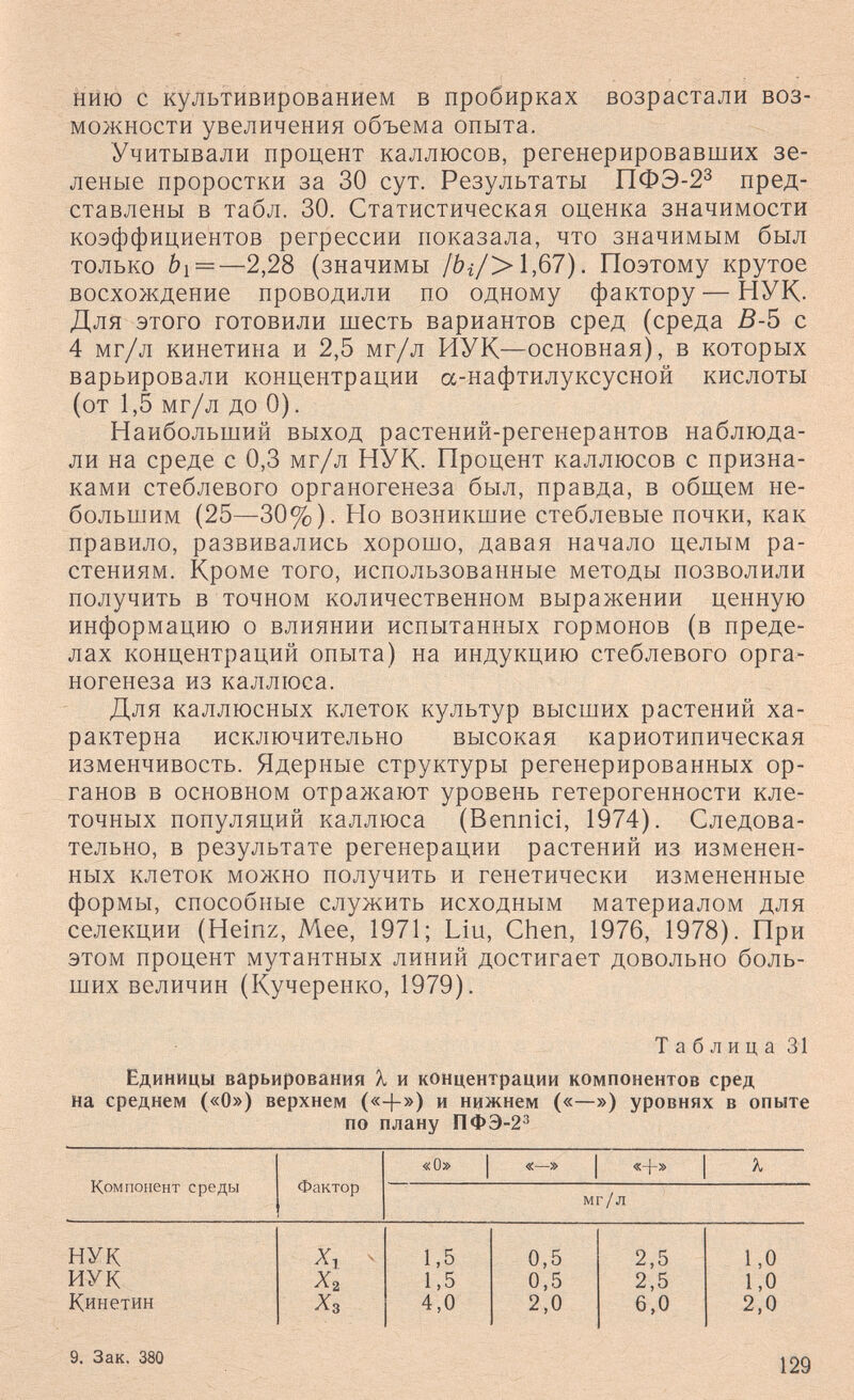 нию с культивированием в пробирках возрастали воз¬ можности увеличения объема опыта. Учитывали процент каллюсов, регенерировавших зе¬ леные проростки за 30 сут. Результаты ПФЭ-2з пред¬ ставлены в табл. 30. Статистическая оценка значимости коэффициентов регрессии показала, что значимым был только bi=—2,28 (значимы /0г/>1,67). Поэтому крутое восхождение проводили по одному фактору — НУК. Для этого готовили шесть вариантов сред (среда В-Ъ с 4 мг/л кинетина и 2,5 мг/л ИУК—основная), в которых варьировали концентрации а-нафтилуксусной кислоты (от 1,5 мг/л до 0). Наибольший выход растений-регенерантов наблюда¬ ли на среде с 0,3 мг/л НУК- Процент каллюсов с призна¬ ками стеблевого органогенеза был, правда, в общем не¬ большим (25—30%). Но возникшие стеблевые почки, как правило, развивались хорошо, давая начало целым ра¬ стениям. Кроме того, использованные методы позволили получить в точном количественном выражении ценную информацию о влиянии испытанных гормонов (в преде¬ лах концентраций опыта) на индукцию стеблевого орга¬ ногенеза из каллюса. Для каллюсных клеток культур высших растений ха¬ рактерна исключительно высокая кариотипическая изменчивость. Ядерные структуры регенерированных ор¬ ганов в основном отражают уровень гетерогенности кле¬ точных популяций каллюса (Bennici, 1974). Следова¬ тельно, в результате регенерации растений из изменен¬ ных клеток можно получить и генетически измененные формы, способные служить исходным материалом для селекции (Heinz, Мее, 1971; Liu, Chen, 1976, 1978). При этом процент мутантных линий достигает довольно боль¬ ших величин (Кучеренко, 1979). Таблица 31 Единицы варьирования % и концентрации компонентов сред на среднем («О») верхнем («+») и нижнем («—») уровнях в опыте по плану ПФЭ-2^ 9. Зак. 380 129