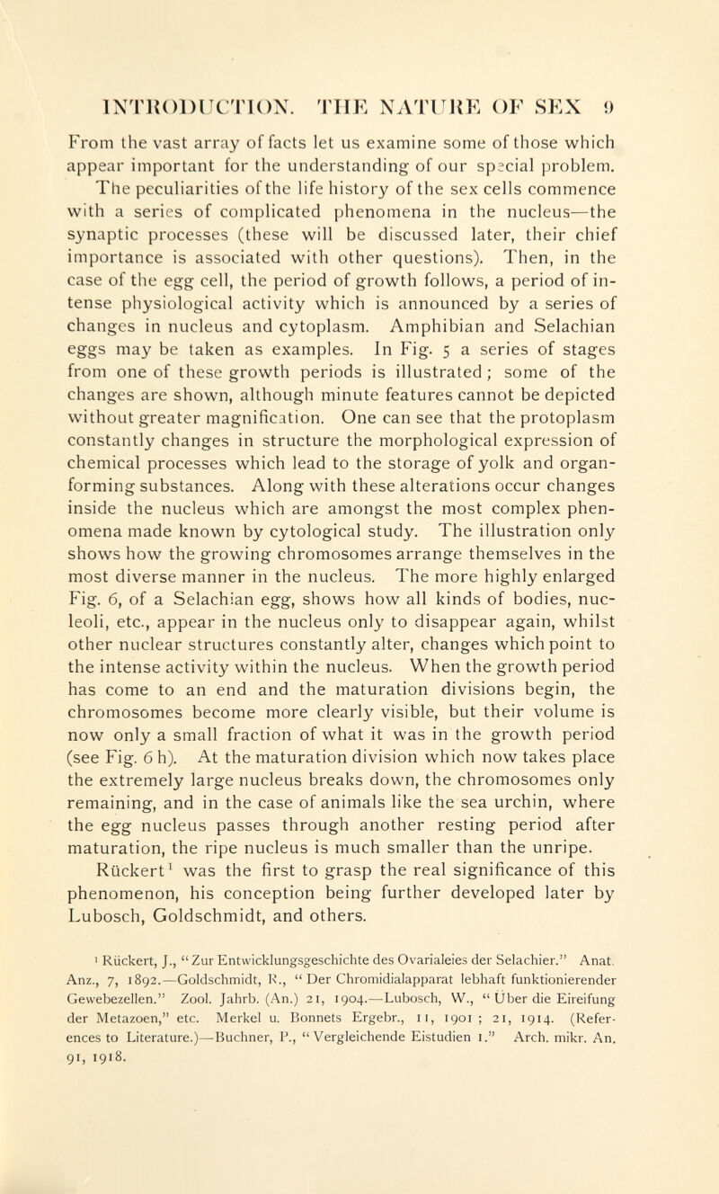 INTRODUCTION. THE NATUUR OF SKX 9 From the vast array of facts let us examine some of those which appear important for the understanding of our special problem. The peculiarities of the life history of the sex cells commence with a series of complicated phenomena in the nucleus—the synaptic processes (these will be discussed later, their chief importance is associated with other questions). Then, in the case of the egg cell, the period of growth follows, a period of in¬ tense physiological activity which is announced by a series of changes in nucleus and cytoplasm. Amphibian and Selachian eggs may be taken as examples. In Fig. 5 a series of stages from one of these growth periods is illustrated ; some of the changes are shown, although minute features cannot be depicted without greater magnification. One can see that the protoplasm constantly changes in structure the morphological expression of chemical processes which lead to the storage of yolk and organ- forming substances. Along with these alterations occur changes inside the nucleus which are amongst the most complex phen¬ omena made known by cytological study. The illustration only shows how the growing chromosomes arrange themselves in the most diverse manner in the nucleus. The more highly enlarged Fig. 6, of a Selachian egg, shows how all kinds of bodies, nuc¬ leoli, etc., appear in the nucleus only to disappear again, whilst other nuclear structures constantly alter, changes which point to the intense activity within the nucleus. When the growth period has come to an end and the maturation divisions begin, the chromosomes become more clearly visible, but their volume is now only a small fraction of what it was in the growth period (see Fig. 6 h). At the maturation division which now takes place the extremely large nucleus breaks down, the chromosomes only remaining, and in the case of animals like the sea urchin, where the egg nucleus passes through another resting period after maturation, the ripe nucleus is much smaller than the unripe. Rückert^ was the first to grasp the real significance of this phenomenon, his conception being further developed later by Lubosch, Goldschmidt, and others. 1 Riickeit, J.,  Zur Entwicklungsgeschichte des Ovarialeies der Selachier. Anat, Anz., 7, 1892.—Goldschmidt, K.,  Der Chromidialapparat lebhaft funktionierender Gewebezellen. Zool. Jahrb. (An.) 21, 1904.—Lubosch, W.,  Über die Eireifung der Metazoen, etc. Merkel u. Bonnets Ergebr., 11, 1901 ; 21, 1914. (Refer¬ ences to Literature.)—^Buchner, P., Vergleichende Eistudien i. Arch. mikr. An. 91, 1918.