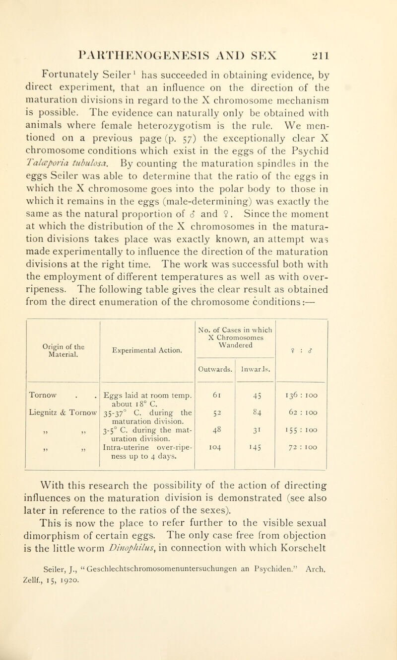 PARTIIENOGEXESIS AND SEX 211 Fortunately Seiler ^ has succeeded in obtaining evidence, by direct experiment, that an influence on the direction of the maturation divisions in regard to the X chromosome mechanism is possible. The evidence can naturally only be obtained with animals where female heterozygotism is the rule. We men¬ tioned on a previous page (p. 57) the exceptionally clear X chromosome conditions which exist in the eggs of the Psychid Talœporia tubulosa. By counting the maturation spindles in the eggs Seiler was able to determine that the ratio of the eggs in which the X chromosome goes into the polar body to those in which it remains in the eggs (male-determining) was exactly the same as the natural proportion of ¿ and ?. Since the moment at which the distribution of the X chromosomes in the matura¬ tion divisions takes place was exactly known, an attempt was made experimentally to influence the direction of the maturation divisions at the right time. The work was successful both with the employment of different temperatures as well as with over- ripeness. The following table gives the clear result as obtained from the direct enumeration of the chromosome conditions:— With this research the possibility of the action of directing influences on the maturation division is demonstrated (see also later in reference to the ratios of the sexes). This is now the place to refer further to the visible sexual dimorphism of certain eggs. The only case free from objection is the little worm Dinophilus^ in connection with which Korschelt Seiler, J.,  Geschlechtschromosomenuntersuchungen an Psychiden. Arch, Zellf., 15, 1920.