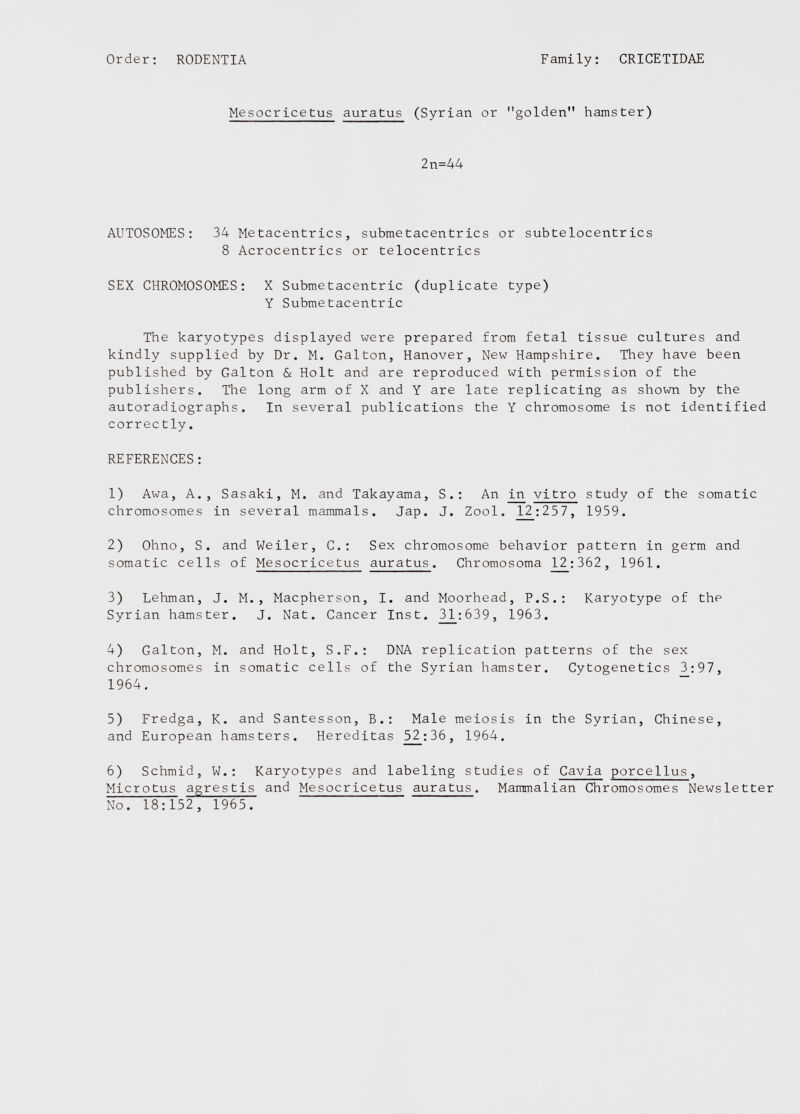 2n=44 AUTOSOMES: 34 Metacentrics, submetacentrics or subtelocentrics 8 Acrocentrics or telocentrics SEX CHROMOSOMES: X Submetacentric (duplicate type) Y Submetacentric The karyotypes displayed were prepared from fetal tissue cultures and kindly supplied by Dr. M. Galton, Hanover, New Hampshire. They have been published by Galton & Holt and are reproduced with permission of the publishers. The long arm of X and Y are late replicating as shown by the autoradiographs. In several publications the Y chromosome is not identified correctly. REFERENCES: 1) Awa, A., Sasaki, M. and Takayama, S.: An in vitro study of the somatic chromosomes in several mammals. Jap. J. Zool. 12:257, 1959. 2) Ohno, S. and Weiler, C.: Sex chromosome behavior pattern in germ and somatic cells of Mesocricetus auratus . Chromosoma 12:362, 1961. 3) Lehman, J. M. , Macpherson, I. and Moorhead, P.S.: Karyotype of the Syrian hamster. J. Nat. Cancer Inst. 3J1:639, 1963. 4) Galton, M. and Holt, S.F.: DNA replication patterns of the sex chromosomes in somatic cells of the Syrian hamster. Cytogenetics 3:97, 1964. 5) Fredga, K. and Santesson, B.: Male meiosis in the Syrian, Chinese, and European hamsters. Hereditas 52_:36 , 1964. 6) Schmid, W.: Karyotypes and labeling studies of Cavia porcellus , Microtus agrestis and Mesocricetus auratus. Mammalian Chromosomes Newsletter No. 18:152, 1965.