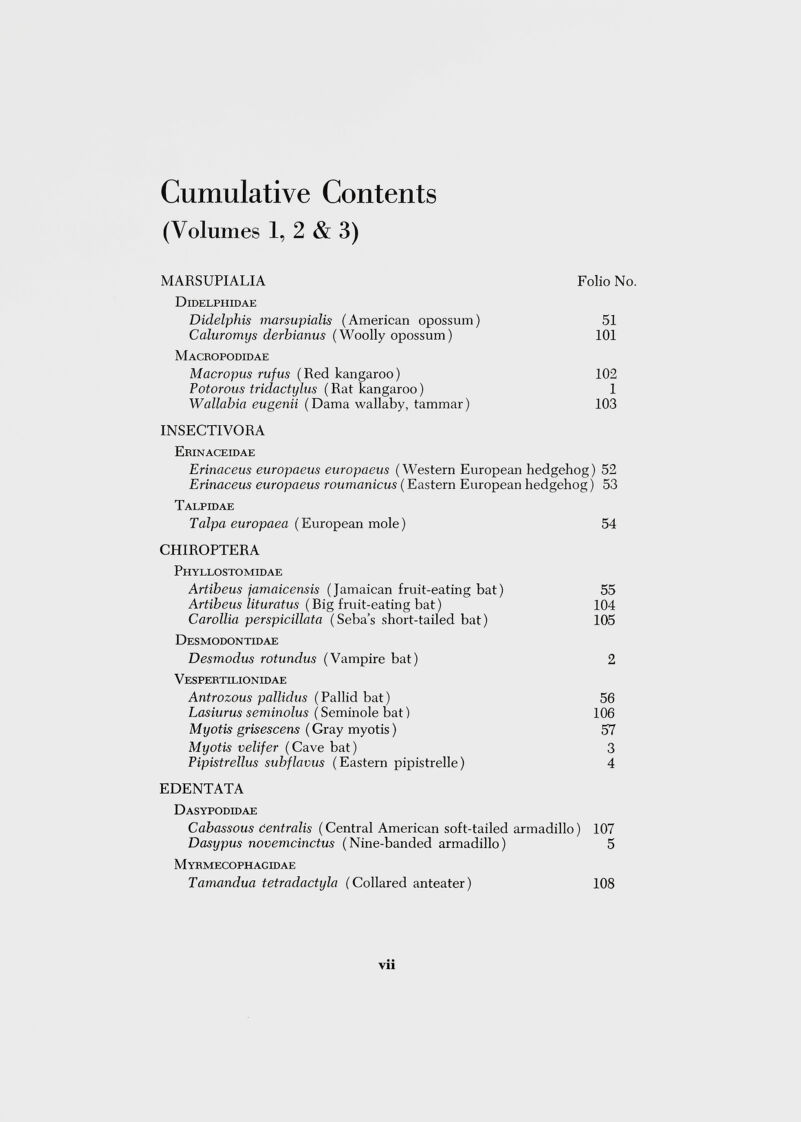 Cumulative Contents (Volumes 1, 2 & 3) MARSUPIALIA Folio No. Didelphidae Didelphis marsupialis (American opossum) 51 Caluromys derbianus (Woolly opossum) 101 Macropodidae Macropus rufus (Red kangaroo) 102 Potorous tridactylus (Rat kangaroo) 1 Wallabia eugenii (Dama wallaby, tammar) 103 INSECTIVORA Erinaceidae Erinaceus europaeus europaeus (Western European hedgehog) 52 Erinaceus europaeus roumanicus (Eastern European hedgehog) 53 Talpidae Talpa europaea (European mole) 54 CHIROPTERA Phyllostomidae Artibeus jamaicensis (Jamaican fruit-eating bat) 55 Artibeus lituratus (Rig fruit-eating bat) 104 Carollia perspicillata (Seba’s short-tailed bat) 105 Desmodontidae Desmoclus rotundus (Vampire bat) 2 V ESPERTILIONIDAE Antrozous pallidus (Pallid bat) 56 Lasiurus seminolus (Seminole bat) 106 Myotis grisescens (Gray myotis) 57 Myotis velifer (Cave bat) 3 Pipistrellus subflavus (Eastern pipistrelle) 4 EDENTATA Dasypodidae Cabassous centralis (Central American soft-tailed armadillo) 107 Dasypus novemcinctus (Nine-banded armadillo) 5 Myrmecophagidae Tamandua tetradactyla (Collared anteater) 108