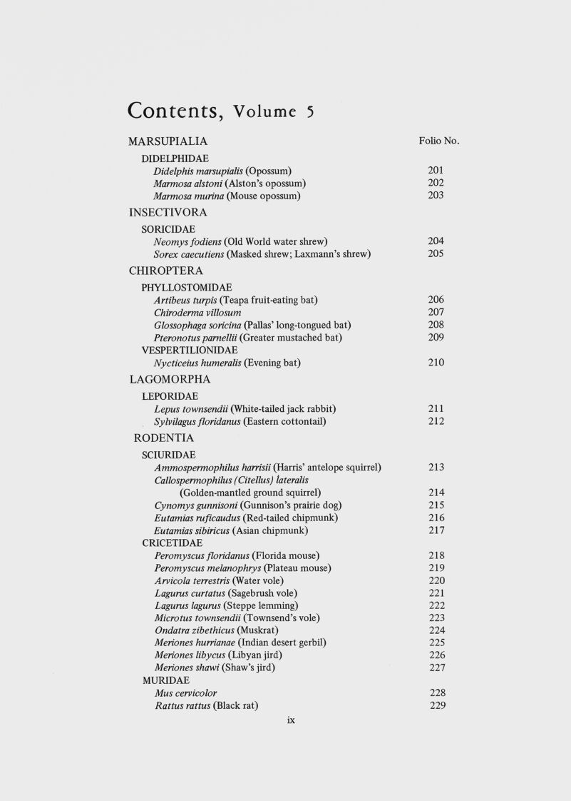 Contents, Volume 5 MARSUPIALIA Folio No. DIDELPHIDAE Didelphis marsupialis (Opossum) 201 Marmosa alstoni (Alston’s opossum) 202 Marmosa murina (Mouse opossum) 203 INSECTIVORA SORICIDAE Neomys fodiens (Old World water shrew) 204 Sorex caecutiens (Masked shrew; Laxmann’s shrew) 205 CHIROPTERA PHYLLOSTOMIDAE Artibeus turpis (Teapa fruit-eating bat) 206 Chiroderma villosum 207 Glossophaga soricina (Pallas’ long-tongued bat) 208 Pteronotus parnellii (Greater mustached bat) 209 VESPERTILIQNIDAE Nycticeius humeralis (Evening bat) 210 LAGOMORPHA LEPORIDAE Lepus townsendii (White-tailed jack rabbit) 211 Sylvilagus floridanus (Eastern cottontail) 212 RODENTIA SCIURIDAE Ammospermophilus harrisii (Harris’ antelope squirrel) 213 Callospermophilus (Citellus) lateralis (Golden-mantled ground squirrel) 214 Cynomys gunnisoni (Gunnison’s prairie dog) 215 Eutamias ruficaudus (Red-tailed chipmunk) 216 Eutamias sibiricus (Asian chipmunk) 217 CRICETIDAE Peromyscus floridanus (Florida mouse) 218 Peromyscus melanophrys (Plateau mouse) 219 Arvícola terrestris (Water vole) 220 Lagurus curtatus (Sagebrush vole) 221 Lagurus lagurus (Steppe lemming) 222 Micro tus townsendii (Townsend’s vole) 223 Ondatra zibethicus (Muskrat) 224 Meriones hurrianae (Indian desert gerbil) 225 Meriones libycus (Libyan jird) 226 Meriones shawi (Shaw’s jird) 227 MURIDAE Mus cervicolor 228 Rattus rattus (Black rat) 229
