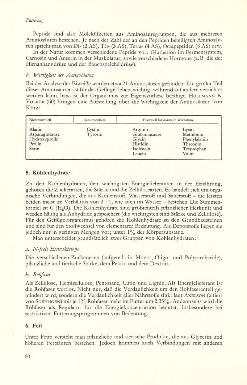 Fütterung Peptide sind also Molekülketten aus Aminosäuregruppen, die aus mehreren Aminosäuren bestehen. Je nach der Zahl der an den Peptiden beteiligten Aminosäu¬ ren spricht man von Di- (2 AS), Tri- (3 AS), Tetra- (4 AS), Octapeptiden (8 AS) usw. In der Natur kommen verschiedene Peptide vor: Gluthation im Fermentsystem, Carnosin und Anserin in der Muskulatur, sowie verschiedene Hormone (z.B. die der Hirnanhangdrüse und der Bauchspeicheldrüse). Ъ. Wertigkeit der Aminosäuren Bei der Analyse der Eiweiße werden etwa 21 Aminosäuren gefunden. Ein großer Teil dieser Aminosäuren ist für das Geflügel lebenswichtig, während auf andere verzichtet werden kann, bzw. ist der Organismus zur Eigensynthese befähigt. Hoffmann & Völker (60) bringen eine Aufstellung über die Wichtigkeit der Aminosäuren von Ketz: 5. Kohlenhydrate Zu den Kohlenhydraten, den wichtigsten Energielieferanten in der Ernährung, gehören die Zuckerarten, die Stärke und die Zellulosearten. Es handelt sich um orga¬ nische Verbindungen, die aus Kohlenstoff, Wasserstoff und Sauerstoff - die letzten beiden meist im Verhältnis von 2:1, wie auch im Wasser - bestehen. Die Summen¬ formel ist С (HgO). Die Kohlenhydrate sind größtenteils pflanzlicher Herkunft und werden häufig als Anhydride gespeichert (die wichtigsten sind Stärke und Zellulose). Für den Geflügelorganismus gehören die Kohlenhydrate zu den Grundbausteinen und sind für den Stoffwechsel von elementarer Bedeutung. Als Depotstoffe liegen sie jedoch nur in geringen Mengen vor; unter 1% der Körpersubstanz. Man unterscheidet grundsätzlich zwei Gruppen von Kohlenhydraten : a. N-freie Extraktstoffe Die verschiedenen Zuckerarten (aufgeteilt in Mono-, Oligo- und Polysaccharide), pflanzliche und tierische Stärke, dem Pektin und dem Dextrin. h. Rohfaser Als Zellulose, Hemizellulose, Pentosane, Cutin und Lignin. Als Energielieferant ist die Rohfaser wertlos. Nicht nur, daß die Verdaulichkeit um den Rohfaseranteil ge¬ mindert wird, sondern die Verdaulichkeit aller Nährstoffe sinkt laut Axelson (zitiert von Soehngen) mit je 1% Rohfaser mehr im Futter um 2,33%. Andererseits wird die Rohfaser als Regulator für die Energiekonzentration benutzt; insbesondere bei restriktiven Fütterungsprogrammen von Bedeutung. 6. Fett Unter Fette versteht man pflanzliche und tierische Produkte, die aus Glycerin und höheren Fettsäuren bestehen. Jedoch kommen auch Verbindungen mit anderen 60