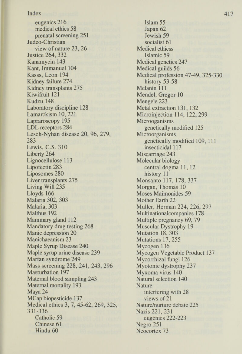 Index eugenics 216 medical ethics 58 prenatal screening 251 Judeo-Christian view of nature 23, 26 Justice 264, 332 Kanamycin 143 Kant, Immanuel 104 Kasss, Leon 194 Kidney failure 274 Kidney transplants 275 Kiwifruit 121 Kudzu 148 Laboratory discipline 128 Lamarckism 10, 221 Lapraroscopy 195 LDL receptors 284 Lesch-Nyhan disease 20, 96, 279, 283 Lewis, C.S. 310 Liberty 264 Lignocellulose 113 Lipofectin 283 Liposomes 280 Liver transplants 275 Living Will 235 Lloyds 166 Malaria 302, 303 Malaria, 303 Malthus 192 Mammary gland 112 Mandatory drug testing 268 Manic depression 20 Manichaeanism 23 Maple Syrup Disease 240 Maple syrup urine disease 239 Marfan syndrome 249 Mass screening 228, 241, 243, 296 Masturbation 197 Maternal blood sampling 243 Maternal mortality 193 Maya 24 MCap biopesticide 137 Medical ethics 3, 7, 45-62, 269, 325, 331-336 Catholic 59 Chinese 61 Hindu 60 Islam 55 Japan 62 Jewish 59 socialist 61 Medical ethicss Islamic 59 Medical genetics 247 Medical guilds 56 Medical profession 47-49, 325-330 history 53-58 Melanin 111 Mendel, Gregor 10 Mengele 223 Metal extraction 131, 132 Microinjection 114, 122,299 Microoganisms genetically modified 125 Microorganisms genetically modified 109, 111 insecticidal 117 Miscarriage 243 Molecular biology central dogma 11, 12 history 11 Monsanto 117, 178, 337 Morgan, Thomas 10 Moses Maimonides 59 Mother Earth 22 Mullet, Herman 224, 226, 297 Multinationalcompanies 178 Multiple pregnancy 69, 79 Muscular Dystrophy 19 Mutation 18, 303 Mutations 17, 255 Mycogen 136 Mycogen Vegetable Product 137 Mycorrhizal fungi 126 Myotonic dystrophy 237 Myxoma virus 140 Natural selection 140 Nature interfering with 28 views of 21 Nature/nurture debate 225 Nazis 221, 231 eugenics 222-223 Negro 251 Neocortex 73