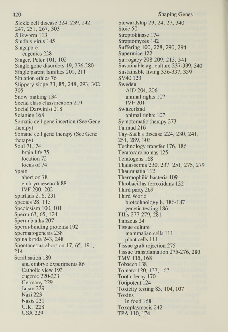 420 Sickle cell disease 224, 239, 242, 247, 251, 267, 303 Silkworm 113 Sindbis virus 145 Singapore eugenics 228 Singer, Peter 101, 102 Single gene disorders 19, 276-280 Single parent families 201, 211 Situation ethics 76 Slippery slope 33, 85, 248, 293, 302, 305 Snow-making 134 Social class classification 219 Social Darwinist 218 Solanine 168 Somatic cell gene insertion (See Gene therapy) Somatic cell gene therapy (See Gene therapy) Soul 71, 74 brain life 75 location 72 locus of 74 Spain abortion 78 embryo research 88 IVF 200, 202 Spartans 216, 231 Species 28, 113 Speciesism 1(Ю, 101 Sperm 63, 65, 124 Sperm banks 207 Sperm-binding proteins 192 Spermatogenesis 238 Spina bifida 243, 248 Spontaneous abortion 17, 65, 191, 214 Sterilisation 189 and embryo experiments 86 Catholic view 193 eugenic 220-223 Germany 229 Japan 229 Nazi 223 Nazis 221 U.K. 228 USA 229 Shaping Genes Stewardship 23, 24, 27, 340 Stoic 50 Streptokinase 174 Streptomyces 142 Suffering 100, 228, 290, 294 Supermice 122 Surrogacy 208-209, 213, 341 Sustainable agriculture 337-339, 340 Sustainable living 336-337, 339 SV40 123 Sweden AID 204, 206 animal rights 107 IVF 201 Switzerland animal rights 107 Symptomatic therapy 273 Talmud 216 Tay-Sach's disease 224, 230, 241, 251, 289, 303 Technology transfer 176, 186 Teratocarcinomas 125 Teratogens 168 Thalassemia 230, 237, 251, 275, 279 Thaumuatin 112 Thermophilic bacteria 109 Thiobacillus ferroxidans 132 Third party 269 Third World biotechnology 8, 186-187 genetic testing 186 TILs 277-279, 281 Timaeus 24 Tissue culture mammalian cells 111 plant cells 111 Tissue graft rejection 275 Tissue transplantation 275-276, 280 TMV 115, 168 Tobacco 138 Tomato 120, 137, 167 Tooth decay 170 Totipotent 124 Toxicity testing 83, 104, 107 Toxins in food 168 Toxoplasmosis 242 TPA 110, 174