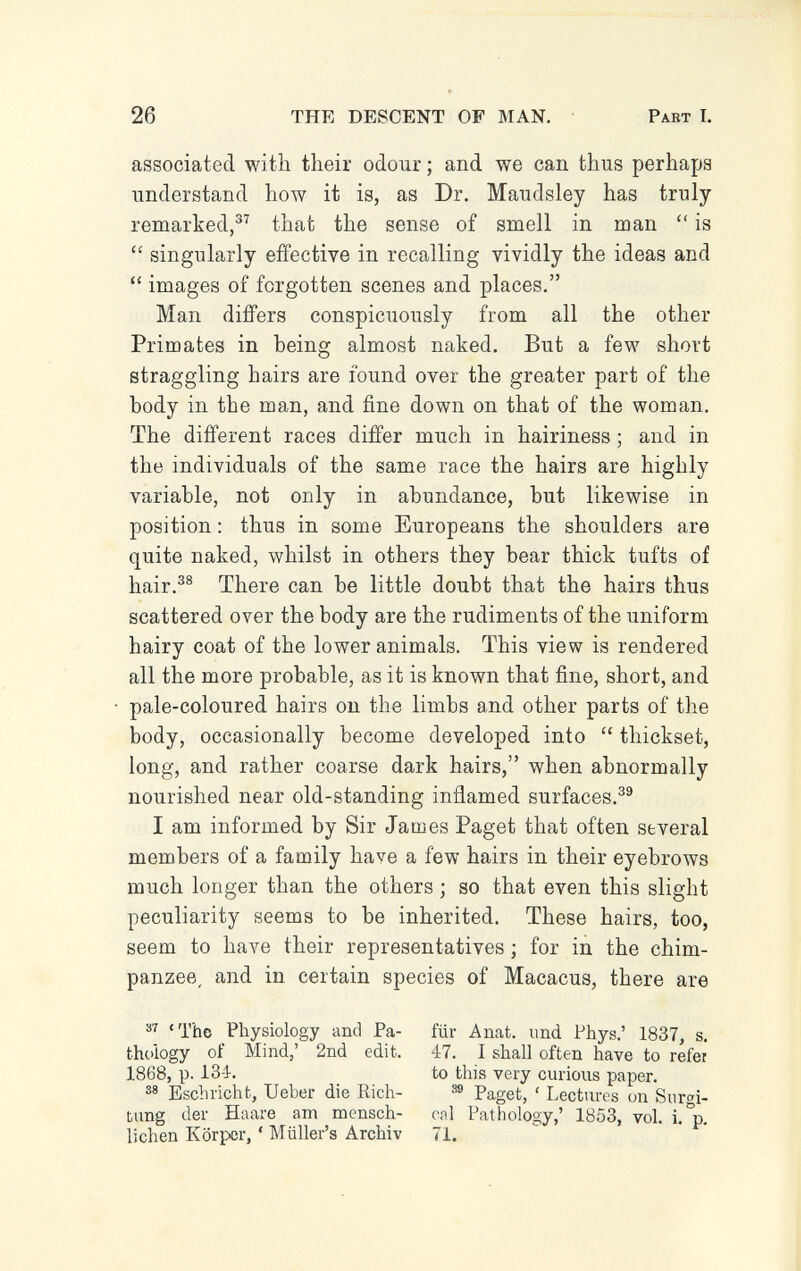 26 THE DESCENT OF MAN. Pabt I. associated witli their odour ; and we can thus perhaps understand how it is, as Dr. Maudsley has truly remarked,®'' that the sense of smell in man  is  singularly effective in recalling vividly the ideas and  images of forgotten scenes and places. Man differs conspicuously from all the other Primates in being almost naked. But a few short straggling hairs are found over the greater part of the body in the man, and fine down on that of the woman. The different races differ much in hairiness ; and in the individuals of the same race the hairs are highly variable, not only in abundance, but likewise in position : thus in some Europeans the shoulders are quite naked, whilst in others they bear thick tufts of hair.®® There can be little doubt that the hairs thus scattered over the body are the rudiments of the uniform hairy coat of the lower animals. This view is rendered all the more probable, as it is known that fine, short, and pale-coloured hairs on the limbs and other parts of the body, occasionally become developed into  thickset, long, and rather coarse dark hairs, when abnormally nourished near old-standing inflamed surfaces.®® I am informed by Sir James Paget that often several members of a family have a few hairs in their eyebrows much longer than the others ; so that even this slight peculiarity seems to be inherited. These hairs, too, seem to have their representatives ; for in the chim¬ panzee, and in certain species of Macacus, there are 'The Physiology and Pa- für Anat. und Phys.' 1837, s. thology of Mind,' 2nd edit. 47. I shall often have to refer 1868, p. 134. to this very curious paper. Eschricht, Ueber die Rich- ^ Paget, ' Lectures on Siirgi- bung der Haare am mensch- cal Pathology,' 1853, vol. i.p. lichen Körper, ' Miiller's Archiv 71.