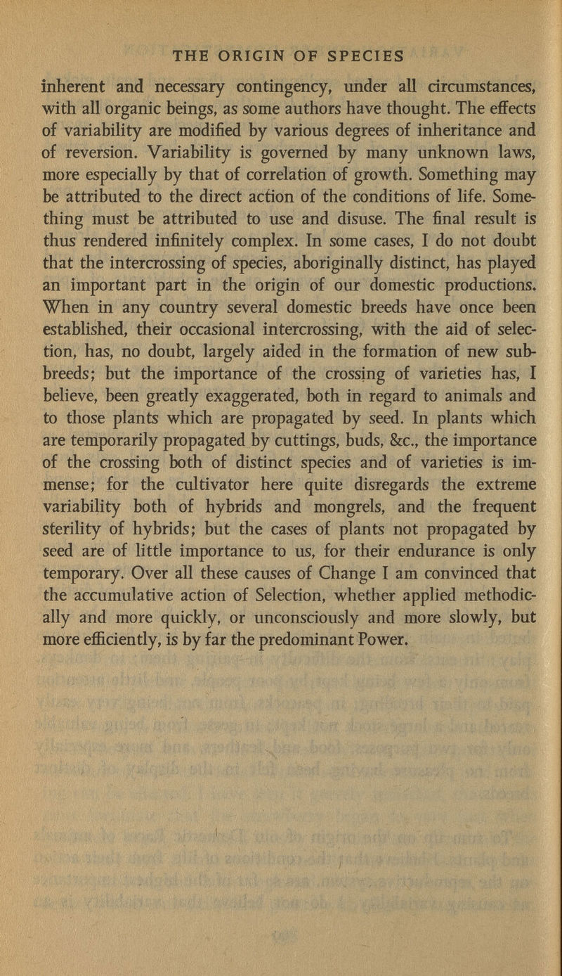 THE ORIGIN OF SPECIES inherent and necessary contingency, imder all draimstances, with all organic beings, as some authors have thought. The effects of variability are modified by various degrees of inheritance and of reversion. Variability is governed by many unknown laws, more especially by that of correlation of growth. Something may be attributed to the direct action of the conditions of life. Some¬ thing must be attributed to use and disuse. The final result is thus rendered infinitely complex. In some cases, I do not doubt that the intercrossing of species, aboriginally distinct, has played an important part in the origin of our domestic productions. When in any country several domestic breeds have once been established, their occasional intercrossing, with the aid of selec¬ tion, has, no doubt, largely aided in the formation of new sub- breeds; but the importance of the crossing of varieties has, I believe, been greatly exaggerated, both in regard to animals and to those plants which are propagated by seed. In plants which are temporarily propagated by cuttings, buds, &c., the importance of the crossing both of distinct species and of varieties is im¬ mense; for the cultivator here quite disregards the extreme variability both of hybrids and mongrels, and the frequent sterility of hybrids; but the cases of plants not propagated by seed are of little importance to us, for their endurance is only temporary. Over all these causes of Change I am convinced that the accumulative action of Selection, whether applied methodic¬ ally and more quickly, or unconsciously and more slowly, but more efficiently, is by far the predominant Power. f ÍÍi^Á ' Jnt'í i'