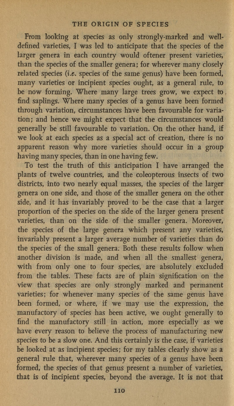 THE ORIGIN OF SPECIES From looking at species as only strongly-marked and well- defined varieties, I was led to anticipate that the species of the larger genera in each country would oftener present varieties, than the species of the smaller genera; for wherever many closely related species (i.e. species of the same genus) have been formed, many varieties or incipient species ought, as a general rule, to be now forming. Where many large trees grow, we expect to . find saplings. Where many species of a genus have been formed through variation, circumstances have been favourable for varia¬ tion; and hence we might expect that the circumistances would generally be still favourable to variation. On the other hand, if we look at each species as a special act of creation, there is no apparent reason why more varieties should occur in a group having many species, than in one having few. To test the truth of this anticipation I have arranged the plants of twelve countries, and the coleopterous insects of two districts, into two nearly equal masses, the species of the larger genera on one side, and those of the smaller genera on the other side, and it has invariably proved to be the case that a larger proportion of the species on the side of the larger genera present varieties, than on the side of the smaller genera. Moreover, the species of the large genera which present any varieties, invariably present a larger average number of varieties than do the species of the small genera: Both these results follow when another division is made, and when all the smallest genera, with from only one to four species, are absolutely excluded from the tables. These facts are of plain signification on the view that species are only strongly marked and permanent varieties; for whenever many species of the same genus have been formed, or where, if we may use the expression, the manufactory of species has been active, we ought generally to find the manufactory still in action, more especially as we have every reason to believe the process of manufacturing new species to be a slow one. And this certainly is the case, if varieties be looked at as incipient species; for my tables clearly show as a general rule that, wherever many species of a genus have been formed, the species of that genus present a number of varieties, that is of incipient species, beyond the average. It is not that 110