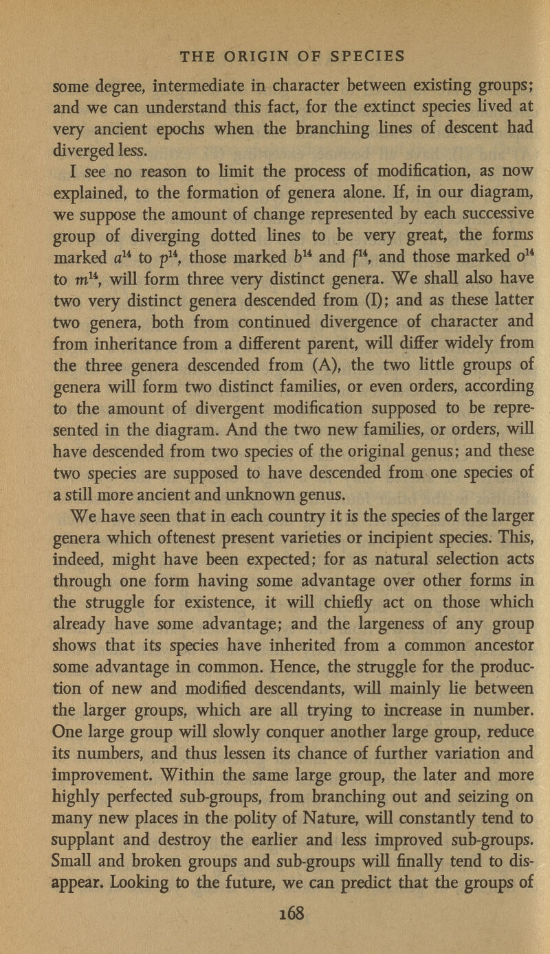 THE ORIGIN OF SPECIES some degree, intermediate in cliaracter between existing groups; and we can understand this fact, for the extinct species lived at very ancient epochs when the branching hnes of descent had diverged less. I see no reason to limit the process of modification, as now explained, to the formation of genera alone. If, in our diagram, we suppose the amount of change represented by each successive group of diverging dotted lines to be very great, the forms marked to those marked and pS and those marked o^^ to will form three very distinct genera. We shall also have two very distinct genera descended from (I); and as these latter two genera, both from continued divergence of character and from inheritance from a different parent, will differ widely from the three genera descended from (A), the two httle groups of genera will form two distinct families, or even orders, according to the amount of divergent modification supposed to be repre¬ sented in the diagram. And the two new families, or orders, will have descended from two species of the original genus; and these two species are supposed to have descended from one species of a still more ancient and unknown genus. We have seen that in each country it is the species of the larger genera which oftenest present varieties or incipient species; This, indeed, might have been expected; for as natural selection acts through one form having some advantage over other forms in the struggle for existence, it wül chiefly act on those which already have some advantage; and the largeness of any group shows that its species have inherited from a common ancestor some advantage in common. Hence, the struggle for the produc¬ tion of new and modified descendants, will mainly lie between the larger groups, which are all trying to increase in number. One large group will slowly conquer another large group, reduce its numbers, and thus lessen its chance of further variation and improvement. Within the same large group, the later and more highly perfected sub-groups, from branching out and seizing on many new places in the pohty of Nature, will constantly tend to supplant and destroy the earlier and less improved sub-groups. Small and broken groups and sub-groups wül finally tend to dis¬ appear. Looking to the future, we can predict that the groups of 168