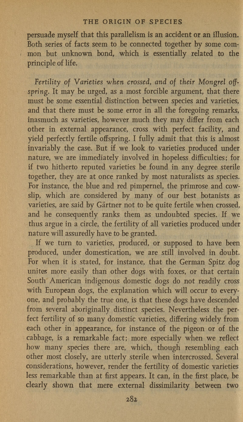 THE ORIGIN OF SPECIES persuade myself that this paralleHsm is an acddent or an illusion. Both series of facts seem to be connected together by some com- Í mon but unknown bond, which is essentially related to the principle of life. Fertility of Varieties when crossed, and of their Mongrel off¬ spring. It may be urged, as a most forcible argument, that there must be some essential distinction between species and varieties, and that there must be some error in all the foregoing remarks, inasmuch as varieties, however much they may differ from each other in external appearance, cross with perfect facility, and yield perfectly fertile offspring. I fully admit that this is almost invariably the case. But if we look to varieties produced under nature, we are immediately involved in hopeless difficulties; for if two hitherto reputed varieties be found in any degree sterile together, they are at once ranked by most naturalists as species. For instance, the blue and red pimpernel, the primrose and cow¬ slip, which are considered by many of our best botanists as varieties, are said by Gartner not to be quite fertile when crossed, and he consequently ranks them as undoubted species. If we thus argue in a circle, the fertility of all varieties produced imder nature will assuredly have to be granted. If we turn to varieties, produced, or supposed to have been produced, under domestication, we are still involved in doubt. For when it is stated, for instance, that the German Spitz dog unites more easily than other dogs with foxes, or that certain South American indigenous domestic dogs do not readily cross with European dogs, the explanation which will occur to every¬ one, and probably the true one, is that these dogs have descended from several aboriginally distinct species. Nevertheless the per¬ fect fertility of so many domestic varieties, differing widely from each other in appearance, for instance of the pigeon or of the cabbage, is a remarkable fact; more especially when we reflect how many species there are, which, though resembling each other most closely, are utterly sterile when intercrossed. Several considerations, however, render the fertility of domestic varieties less remarkable than at first appears. It can, in the first place, be clearly shown that mere external dissimilarity between two 282