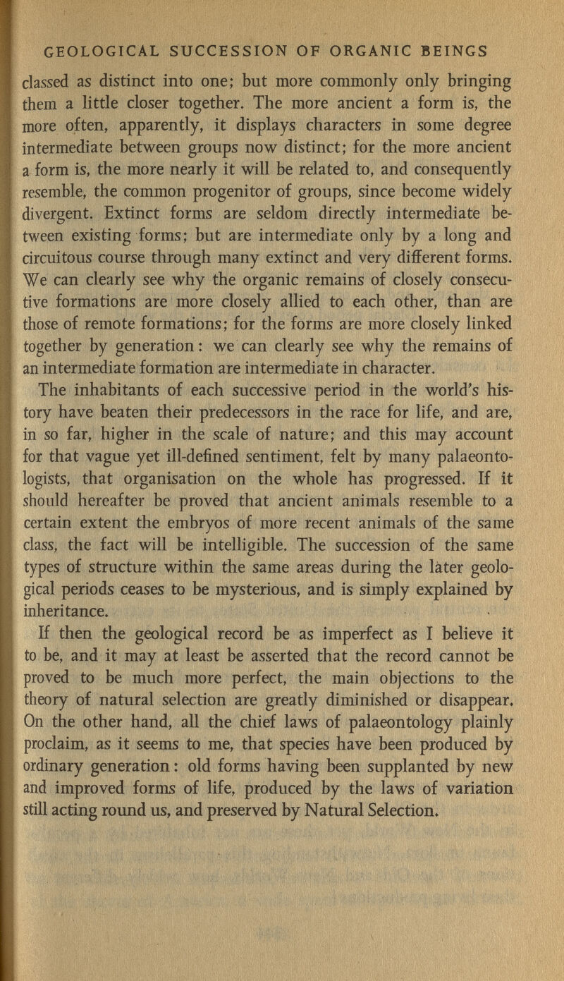 GEOLOGICAL SUCCESSION OF ORGANIC BEINGS classed as distinct into one; but more commonly only bringing them a little closer together. The more ancient a form is, the more often, apparently, it displays characters in some degree intermediate between groups now distinct; for the more ancient a form is, the more nearly it will be related to, and consequently resemble, the common progenitor of groups, since become widely divergent. Extinct forms are seldom directly intermediate be¬ tween existing forms; but are intermediate only by a long and circuitous course through many extinct and very different forms. We can clearly see why the organic remains of closely consecu¬ tive formations are more closely allied to each other, than are those of remote formations; for the forms are more closely linked together by generation: we can clearly see why the remains of an intermediate formation are intermediate in character. The inhabitants of each successive period in the world's his¬ tory have beaten their predecessors in the race for life, and are, in so far, higher in the scale of nature; and this may account for that vague yet ill-defined sentiment, felt by many palaeonto¬ logists, that organisation on the whole has progressed. If it should hereafter be proved that ancient animals resemble to a certain extent the embryos of more recent animals of the same class, the fact will be intelligible. The succession of the same types of structure within the same areas during the later geolo¬ gical periods ceases to be mysterious, and is simply explained by inheritance. If then the geological record be as imperfect as I believe it to be, and it may at least be asserted that the record cannot be proved to be much more perfect, the main objections to the theory of natural selection are greatly diminished or disappear. On the other hand, all the chief laws of palaeontology plainly proclaim, as it seems to me, that species have been produced by ordinary generation ; old forms having been supplanted by new and improved forms of life, produced by the laws of variation still acting round us, and preserved by Natural Selection»