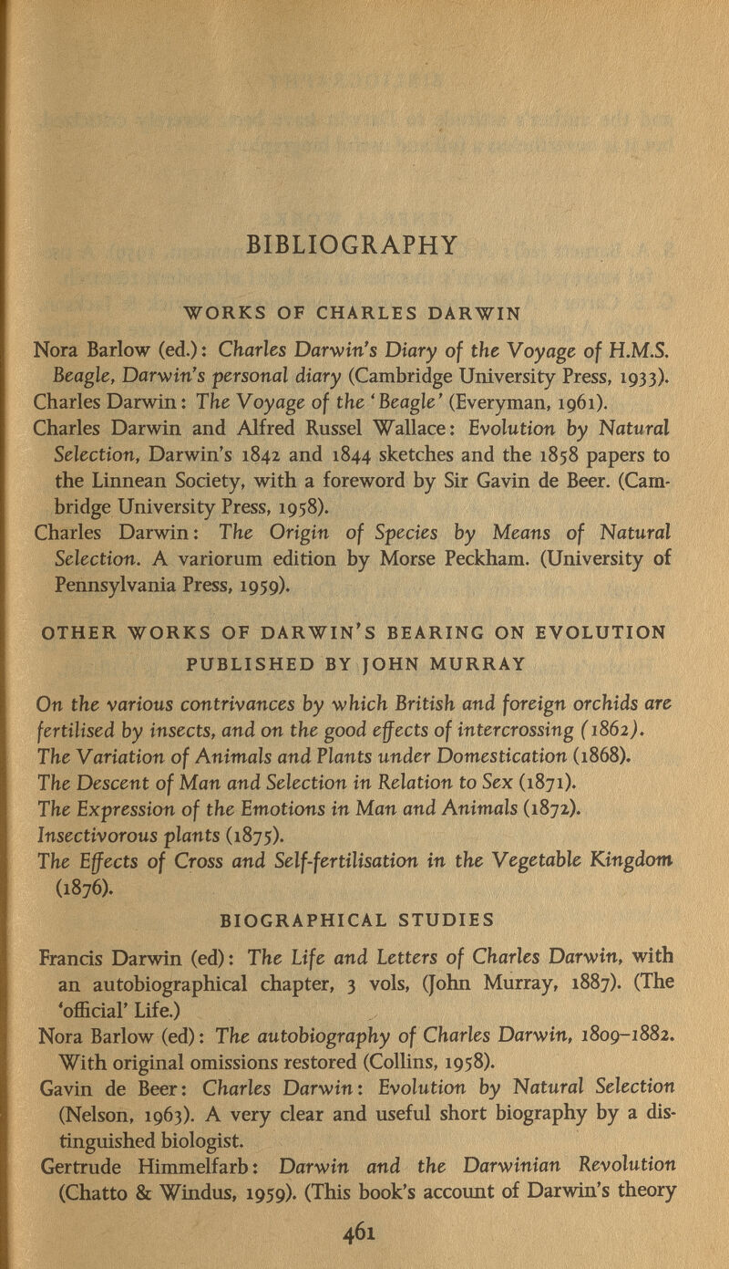 Milv /^;1 r\í 1 ^ , 1 V, ^4. í ' BIBLIOGRAPHY WORKS OF CHARLES DARWIN Nora Barlow (ed.): Charles Darwin's Diary of the Voyage of H.M.S. Beagle, Darwin's personal diary (Cambridge University Press, 1933). Charles Darwin: The Voyage of the 'Beagle' (Everyman, 1961). Charles Darwin and Alfred Kussel Wallace: Evolution by Natural Selection, Darwin's 1842 and 1844 sketches and the 1858 papers to the Linnean Society, with a foreword by Sir Gavin de Beer. (Cam¬ bridge University Press, 1958). Charles Darwin: The Origin of Species by Means of Natural Selection, A variorum edition by Morse Peckham. (University of Pennsylvania Press, 1959). OTHER WORKS OF DARWIN'S BEARING ON EVOLUTION PUBLISHED BY JOHN MURRAY On the various contrivances by which British and foreign orchids are fertilised by insects, and on the good effects of intercrossing (1862). The Variation of Animals and Plants under Domestication (1868). The Descent of Man and Selection in Relation to Sex (1871). The Expression of the Emotions in Man and Animals (1872). Insectivorous plants (1875). The Effects of Cross and Self-fertilisation in the Vegetable Kingdom (1876). BIOGRAPHICAL STUDIES Francis Darwin (ed) : The Life and Letters of Charles Darwin, with an autobiographical chapter, 3 vols, (John Murray, 1887). (The 'official' Life.) Nora Barlow (ed): The autobiography of Charles Darwin, 1809-1882. With original omissions restored (Collins, 1958). Gavin de Beer: Charles Darwin: Evolution by Natural Selection (Nelson, 1963). A very clear and useful short biography by a dis¬ tinguished biologist. Gertrude Himmelfarb : Darwin and the Darwinian Revolution (Chatto & Windus, 1959). (This book's account of Darwin's theory 461