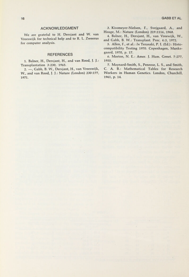 16 ACKNOWLEDGMENT We are grateful to H. Dersjant and W. van Vreeswijk for technical help and to R. L. Zweerus for computer analysis. REFERENCES 1. Balner, H., Dersjant, H., and van Rood, J. J.: Transplantation 3:230, 1965. 2. —, Gabb, B. W., Dersjant, H., van Vreeswijk, W., and van Rood, J. J.: Nature (London) 230:177, 1971. GABB ET AL 3. Kissmeyer-Nielsen, F., Svejgaard, A., and Hauge, M. : Nature (London) 219:1116, 1968. 4. Balner, H., Dersjant, H., van Vreewijk, W., and Gabb, B. W. : Transplant. Proc. 4:3, 1972. 5. Allen, F., et al.: In Terasaki, P. L (Ed.) : Histo¬ compatibility Testing 1970. Copenhagen, Munks- gaard, 1970, p. 17. 6. Morton, N. E. : Amer. J. Hum. Genet. 7:277, 1955. 7. Maynard-Smith, S., Penrose, L. S., and Smith, C. A. В.: Mathematical Tables for Research Workers in Human Genetics. London, Churchill, 1961, p. 14. Í