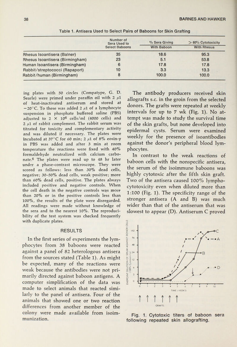 38 BARNES AND HAWKER Table 1. Antisera Used to Select Pairs of Baboons for Skin Grafting Number of Sera Used to Select Baboons % Sera Giving With Baboon > 60% Cytotoxicity With Rhesus Rliesus Isoantlsera (Balner) Rhesus Isoantisera (Birmingham) Human Isoantisera (Birmingham) Rabbit/streptococci (Rapaport) Rabbit/human (Birmingham) 35 23 6 10 8 18.6 5.1 17.8 3.3 100.0 95.3 53.8 17.8 13.3 100.0 ing plates with 50 circles (Compatype, G. D. Searle) were primed under paraffin oil with 2 fil of heat-inactivated antiserum and stored at — 20°C. To these was added 2 /il of a lymphocyte suspension in phosphate buffered saline (PBS) adjusted to 2 X 106 cells/ml (4000 cells) and 2 fil of rabbit complement. The rabbit serum was titrated for toxicity and complementary activity and was diluted if necessary. The plates were incubated at 37°С for 60 min; 2 ßl of 8% eosin-y in PBS was added and after 3 min at room temperature the reactions were fixed with 40% formaldehyde neutralized with calcium carbo- nate.6 The plates were read up to 48 hr later under a phase-contrast microscope. They were scored as follows: less than 30% dead cells, negative; 30-50% dead cells, weak positive; more than 60% dead cells, positive. The plates always included positive and negative controls. When the cell death in the negative controls was more than 20% or in the positive controls less than 100%, the results of the plate were disregarded. All readings were made without knowledge of the sera and to the nearest 10%. The reproduci¬ bility of the test system was checked frequently with duplicate plates. RESULTS In the first series of experiments the lym¬ phocytes from 38 baboons were reacted against a panel of 82 heterologous antisera from the sources stated (Table 1). As might be expected, many of the reactions were weak because the antibodies were not pri¬ marily directed against baboon antigens. A computer simplification of the data was made to select animals that reacted simi¬ larly to the panel of antisera. Four of the animals that showed one or two reaction differences from another member of the colony were made available from isoim¬ munization. The antibody producers received skin allografts s.c. in the groin from the selected donors. The grafts were repeated at weekly intervals for up to 7 wk (Fig. 1). No at¬ tempt was made to study the survival time of the skin grafts, but none developed into epidermal cysts. Serum were examined weekly for the presence of isoantibodies against the donor's peripheral blood lym¬ phocytes. In contrast to the weak reactions of baboon cells with the nonspecific antisera, the serum of the isoimmune baboons was highly cytotoxic after the fifth skin graft. Two of the antisera caused 100% lympho- cytotoxicity even when diluted more than 1:100 (Fig. 1). The specificity range of the stronger antisera (A and B) was much wider than that of the antiserum that was slowest to appear (D). Antiserum С proved 96 < О 48 Z £ О ^ у и Б S z 3 о a. û 0 4 5 6 7 TIME ( WEEKS) 8 9 10 ^ /|i ^ ^ ^ GRAFTS Fig. 1. Cytotoxic titers of baboon sera following repeated skin allografting.