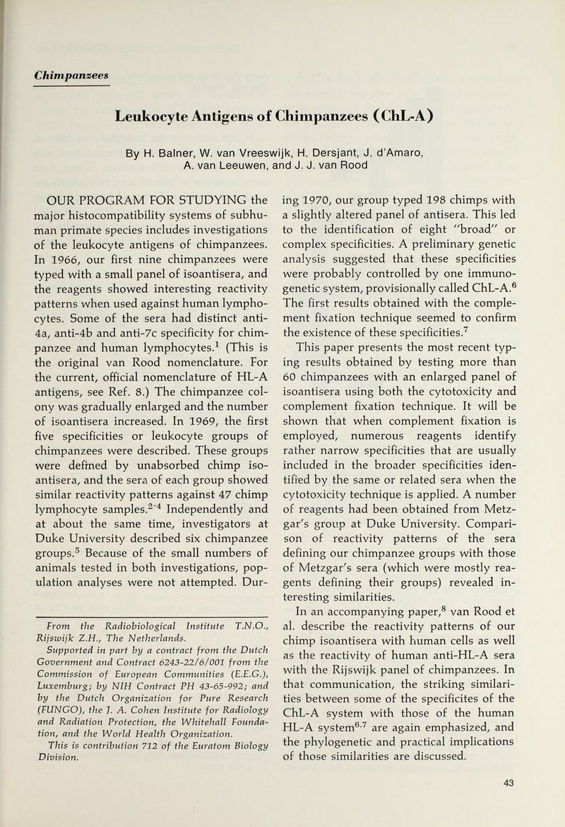Chimpanzees Leukocyte Antigens of Chimpanzees (ChL-A) By H. Balner, W. van Vreeswijk, H. Dersjant, J. d'Amaro, A. van Leeuwen, and J. J. van Rood OUR PROGRAM FOR STUDYING the major histocompatibility systems of subhu¬ man primate species includes investigations of the leukocyte antigens of chimpanzees. In 1966, our first nine chimpanzees were typed with a small panel of isoantisera, and the reagents showed interesting reactivity patterns when used against human lympho¬ cytes. Some of the sera had distinct anti- 4a, anti-4b and anti-7c specificity for chim¬ panzee and human lymphocytes.^ (This is the original van Rood nomenclature. For the current, official nomenclature of HL-A antigens, see Ref. 8.) The chimpanzee col¬ ony was gradually enlarged and the number of isoantisera increased. In 1969, the first five specificities or leukocyte groups of chimpanzees were described. These groups were defined by unabsorbed chimp iso¬ antisera, and the sera of each group showed similar reactivity patterns against 47 chimp lymphocyte samples.Independently and at about the same time, investigators at Duke University described six chimpanzee groups.® Because of the small numbers of animals tested in both investigations, pop¬ ulation analyses were not attempted. Dur- From the Radiobiological Institute T.N.O., Rijswijk Z.H., The Netherlands. Supported in part by a contract from the Dutch Government and Contract 624:3-22161001 from the Commission of European Communities (E.E.G.), Luxemburg; by NIH Contract PH 43-65-992; and by the Dutch Organization for Pure Research (FUNGO), the J. A. Cohen Institute for Radiology and Radiation Protection, the Whitehall Founda¬ tion, and the World Health Organization. This is contribution 712 of the Euratom Biology Division. ing 1970, our group typed 198 chimps with a slightly altered panel of antisera. This led to the identification of eight broad or complex specificities. A preliminary genetic analysis suggested that these specificities were probably controlled by one immuno- genetic system, provisionally called ChL-A.® The first results obtained with the comple¬ ment fixation technique seemed to confirm the existence of these specificities.^ This paper presents the most recent typ¬ ing results obtained by testing more than 60 chimpanzees with an enlarged panel of isoantisera using both the cytotoxicity and complement fixation technique. It will be shown that when complement fixation is employed, numerous reagents identify rather narrow specificities that are usually included in the broader specificities iden¬ tified by the same or related sera when the cytotoxicity technique is applied. A number of reagents had been obtained from Metz- gar's group at Duke University. Compari¬ son of reactivity patterns of the sera defining our chimpanzee groups with those of Metzgar's sera (which were mostly rea¬ gents defining their groups) revealed in¬ teresting similarities. In an accompanying paper,® van Rood et al. describe the reactivity patterns of our chimp isoantisera with human cells as well as the reactivity of human anti-HL-A sera with the Rijswijk panel of chimpanzees. In that communication, the striking similari¬ ties between some of the spécificités of the ChL-A system with those of the human HL-A system®'^ are again emphasized, and the phylogenetic and practical implications of those similarities are discussed. 43