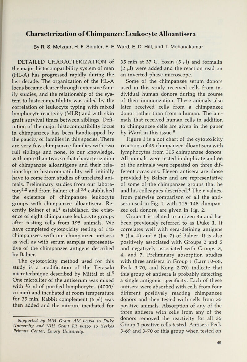 Characterization of Chimpanzee Leukocyte Alloantisera By R. S. Metzgar, H. F. Seigler, F. E. Ward, E. D. Hill, and T. Mohanakumar DETAILED CHARACTERIZATION of the major histocompatibility system of man (HL-A) has progressed rapidly during the last decade. The organization of the HL-A locus became clearer through extensive fam¬ ily studies, and the relationship of the sys¬ tem to histocompatibility was aided by the correlation of leukocyte typing with mixed lymphocyte reactivity (MLR) and with skin graft survival times between siblings. Defi¬ nition of the major histocompatibility locus in chimpanzees has been handicapped by the paucity of families in this species. There are very few chimpanzee families with two full siblings and none, to our knowledge, with more than two, so that characterization of chimpanzee alloantigens and their rela¬ tionship to histocompatibility will initially have to come from studies of unrelated ani¬ mals. Preliminary studies from our labora¬ tory^'^ and from Balner et al.^ ^ established the existence of chimpanzee leukocyte groups with chimpanzee alloantisera. Re¬ cently Balner et al.^ established the exist¬ ence of eight chimpanzee leukocyte groups after testing cells from 195 animals. We have completed cytotoxicity testing of 148 chimpanzees with our chimpanzee antisera as well as with serum samples representa¬ tive of the chimpanzee antigens described by Balner. The cytotoxicity method used for this study is a modification of the Terasaki microtechnique described by Mittal et al.® One microliter of the antiserum was mixed with Уг Я.1 of purified lymphocytes (4000/ cu mm) and incubated at room temperature for 35 min. Rabbit complement (5 /^l) was then added and the mixture incubated for Supported by NIH Grant AM 08054 to Duke University and NIH Grant FR 00165 to Yerkes Primate Center, Emory University. 35 min at 37 C. Eosin (5 (Л) and formalin (2 /i-l) were added and the reaction read on an inverted phase microscope. Some of the chimpanzee serum donors used in this study received cells from in¬ dividual human donors during the course of their immunization. These animals also later received cells from a chimpanzee donor rather than from a human. The ani¬ mals that received human cells in addition to chimpanzee cells are given in the paper by Ward in this issue.® Figure 1 is a dot chart of the cytotoxicity reactions of 49 chimpanzee alloantisera with lymphocytes from 115 chimpanzee donors. All animals were tested in duplicate and 66 of the animals were repeated on three dif¬ ferent occasions. Eleven antisera are those provided by Balner and are representative of some of the chimpanzee groups that he and his colleagues described.^ The r values, from pairwise comparison of all the anti- sera used in Fig. 1 with 115-148 chimpan¬ zee cell donors, are given in Fig. 2. Group 1 is related to antigen 4a and has been previously referred to as Duke 1. It correlates well with sera-defrning antigens 5 (Jac 4) and 6 (Jac 7) of Balner. It is also positively associated with Groups 2 and 5 and negatively associated with Groups 3, 4, and 7. Preliminary absorption studies with three antisera in Group 1 (Larr 10-68, Peck 3-70, and Kong 2-70) indicate that this group of antisera is probably detecting a single antigenic specificity. Each of these antisera were absorbed with cells from four different positively reacting chimpanzee donors and then tested with cells from 35 positive animals. Absorption of any of the three antisera with cells from any of the donors removed the reactivity for all 35 Group 1 positive cells tested. Antisera Peck 3-69 and 3-70 of this group when tested on 49