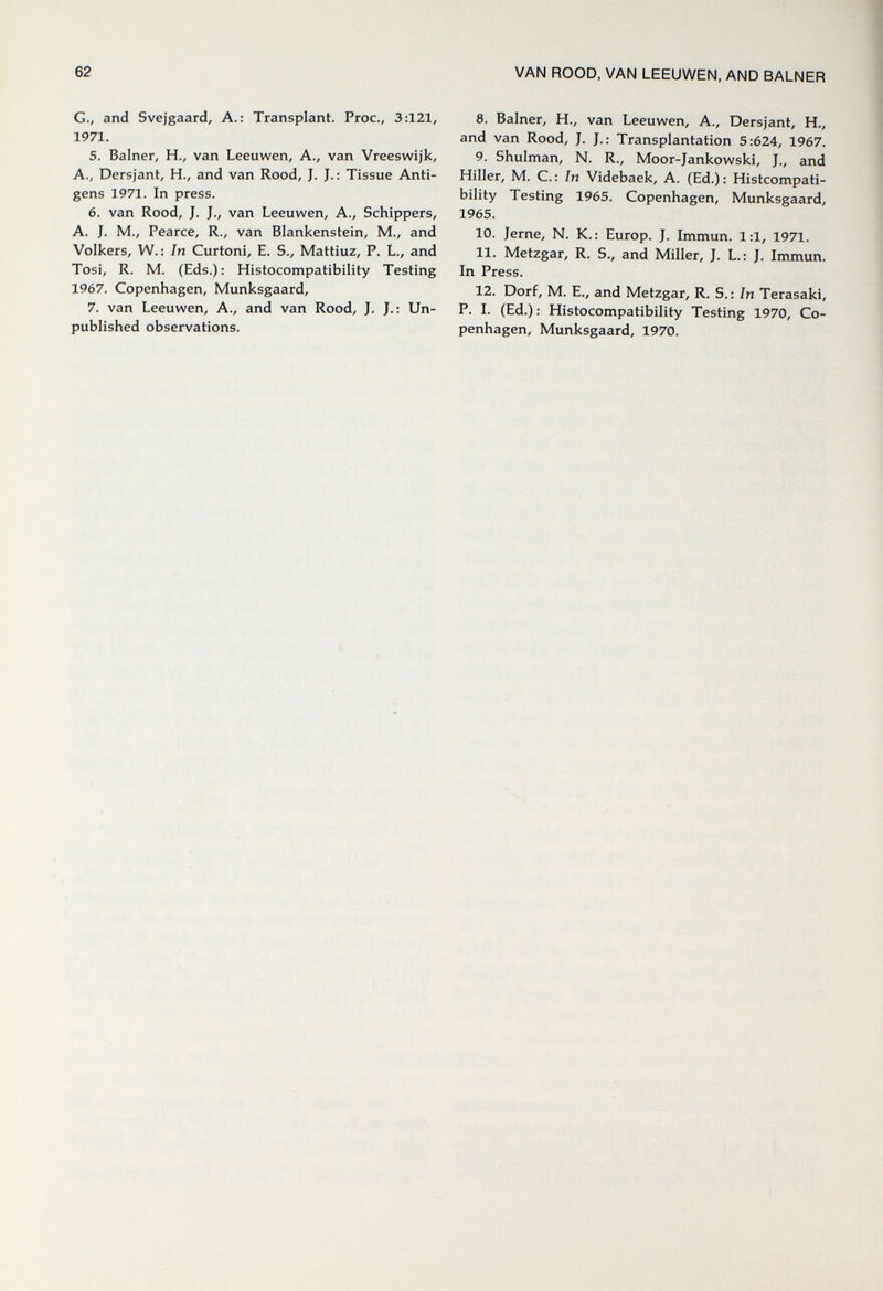 62 VAN ROOD, VAN LEEUWEN, AND BALNER G., and Svejgaard, a.: Transplant. Proc., 3:121, 1971. 5. Balner, h., van Leeuwen, A., van Vreeswijk, A., Dersjant, H., and van Rood, J. J.: Tissue Anti¬ gens 1971. In press. 6. van Rood, J. J., van Leeuwen, A., Schippers, A. J. M., Pearce, R., van Blankenstein, M., and Volkers, W.: In Curtoni, E. S., Mattiuz, P. l., and Tosi, R. M. (Eds.) : Histocompatibility Testing 1967. Copenhagen, Munksgaard, 7. van Leeuwen, A., and van Rood, J. J.: Un¬ published observations. 8. Balner, H., van Leeuwen, A., Dersjant, H., and van Rood, J. J.: Transplantation 5:624, 1967. 9. Shulman, N. R., Moor-Jankowski, J., and Hiller, M. С. : In Videbaek, A. (Ed.) : Histcompati- bility Testing 1965. Copenhagen, Munksgaard, 1965. 10. Jerne, N. K.: Europ. J. Immun. 1:1, 1971. 11. Metzgar, R. S., and Miller, J. L. : J. Immun. In Press. 12. Dorf, M. е., and Metzgar, r. s.: In Terasaki, P. I. (Ed.): Histocompatibility Testing 1970, Co¬ penhagen, Munksgaard, 1970.