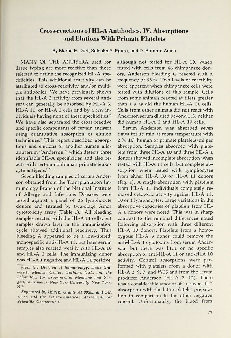 Cross-reactions of HL-A Antibodies. IV. Absorptions and Elutions With Primate Platelets By Martin E. Dorf, Setsuko Y. Eguro, and D. Bernard Amos MANY OF THE ANTISERA used for tissue typing are more reactive than those selected to define the recognized HL-A spe- cifiicities. This additional reactivity can be attributed to cross-reactivity and/or multi¬ ple antibodies. We have previously shown that the HL-A 3 activity from several anti- sera can generally be absorbed by HL-A 3, HL-A 11, or HL-A 1 cells and by a few in¬ dividuals having none of these specificities.® We have also separated the cross-reactive and specific components of certain antisera using quantitative absorption or elution techniques.^ This report described absorp¬ tions and elutions of another human allo- antiserum Anderson/' which detects three identifiable HL-A specificities and also re¬ acts with certain nonhuman primate leuko¬ cyte antigens.^'® Seven bleeding samples of serum Ander¬ son obtained from the Transplantation Im¬ munology Branch of the National Institute of Allergy and Infectious Diseases were tested against a panel of 36 lymphocyte donors and titrated by two-stage Amos cytotoxicity assay (Table 1).® All bleeding samples reacted with the HL-A 11 cells, but samples drawn later in the immunization cycle showed additional reactivity. Thus bleeding A appeared to be a low-titered, monospecific anti-HL-A 11, but later serum samples also reacted weakly with HL-A 10 and HL-A 1 cells. The immunizing donor was HL-A 1 negative and HL-A 11 positive. From the Division of Immunology, Duke Uni¬ versity Medical Center, Durham, N.C., and the Laboratory for Experimental Medicine and Sur¬ gery in Primates, New York University, New York, N.Y. Supported by USPHS Grants AI 00285 and GM 10356 and the Franco American Agreement for Scientific Cooperation. although not tested for HL-A 10. When tested with cells from 46 chimpanzee don¬ ors, Anderson bleeding G reacted with a frequency of 98%. Two levels of reactivity were apparent when chimpanzee cells were tested with dilutions of this sample. Cells from some animals reacted at titers greater than 1:9 as did the human HL-A 11 cells. Cells from other animals did not react with Anderson serum diluted beyond 1:3; neither did human HL-A 1 and HL-A 10 cells. Serum Anderson was absorbed seven times for 15 min at room temperature with 2 X 10^ human or primate platelets/ml per absorption. Samples absorbed with plate¬ lets from three HL-A 10 and three HL-A 1 donors showed incomplete absorption when tested with HL-A 11 cells, but complete ab¬ sorption when tested with lymphocytes from either HL-A 10 or HL-A 11 donors (Fig. 1). A single absorption with platelets from HL-A 11 individuals completely re¬ moved cytotoxic activity against HL-A 11, 10 or 1 lymphocytes. Large variations in the absorptive capacities of platelets from HL- A 1 donors were noted. This was in sharp contrast to the minimal differences noted following absorption with three different HL-A 10 donors. Platelets from a homo¬ zygous HL-A 3 donor could remove the anti-HL-A 1 cytotoxins from serum Ander¬ son, but there was little or no specific absorption of anti-HL-A 11 or anti-HLA 10 activity. Control absorptions were per¬ formed with platelets from a donor with HL-A 2, 9, 7, and Wl5 and from the serum producer Anderson (HL-A 2, 12). There was a considerable amount of nonspecific absorption with the latter platelet prepara¬ tion in comparison to the other negative control. Unfortunately, the blood from 71