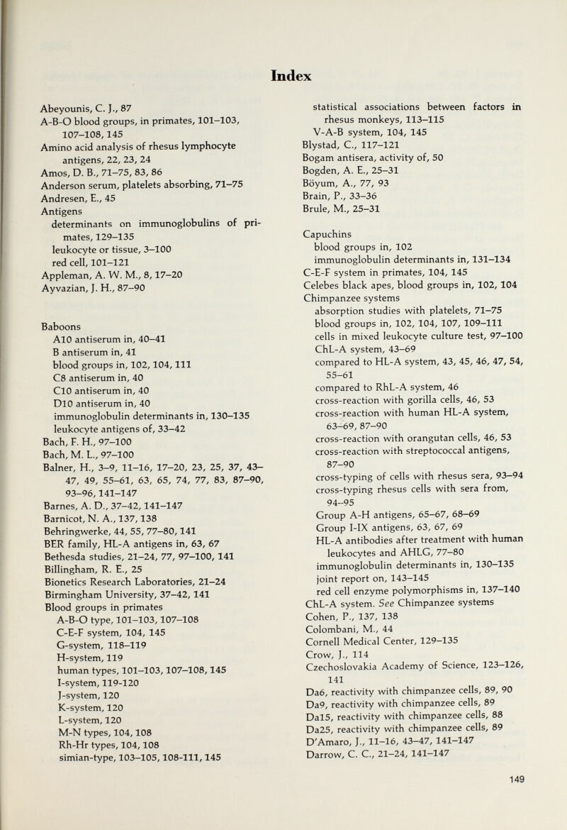 Index Abeyounis, С. J., 87 А-В-О blood groups, in primates, 101-103, 107-108,145 Amino acid analysis of rhesus lymphocyte antigens, 22, 23, 24 Amos, D. В., 71-75, 83, 86 Anderson serum, platelets absorbing, 71-75 Andresen, E., 45 Antigens determinants on immunoglobulins of pri¬ mates, 129-135 leukocyte or tissue, 3-100 red cell, 101-121 Appleman, A. W. M., 8,17-20 Ayvazian, J. H., 87-90 Baboons Aio antiserum in, 40-41 В antiserum in, 41 blood groups in, 102,104, 111 C8 antiserum in, 40 ClO antiserum in, 40 Dio antiserum in, 40 immunoglobulin determinants in, 130—135 leukocyte antigens of, 33-42 Bach, F. H., 97-100 Bach, M. L., 97-100 Balner, H., 3-9, 11-16, 17-20, 23, 25, 37, 43- 47, 49, 55-61, 63, 65, 74, 77, 83, 87-90, 93-96,141-147 Barnes, A. D., 37-42,141-147 Barnicot, N. A., 137,138 Behringwerke, 44, 55, 77-80,141 BER family, HL-A antigens in, 63, 67 Bethesda studies, 21-24, 77, 97-100, 141 Billingham, R. E., 25 Bionetics Research Laboratories, 21-24 Birmingham University, 37-42,141 Blood groups in primates A-B-O type, 101-103,107-108 C-E-F system, 104, 145 G-system, 118-119 H-system, 119 human types, 101-103,107-108,145 I-system, 119-120 J-system, 120 K-system, 120 L-system, 120 M-N types, 104,108 Rh-Hr types, 104,108 simian-type, 103-105,108-111,145 statistical associations between factors in rhesus monkeys, 113-115 V-A-B system, 104, 145 Blystad, C., 117-121 Bogam antisera, activity of, 50 Bogden, A. E., 25-31 Böyum, A., 77, 93 Brain, P., 33-36 Brule, M., 25-31 Capuchins blood groups in, 102 immunoglobulin determinants in, 131-134 C-E-F system in primates, 104, 145 Celebes black apes, blood groups in, 102, 104 Chimpanzee systems absorption studies with platelets, 71-75 blood groups in, 102, 104, 107, 109-111 cells in mixed leukocyte culture test, 97-100 ChL-A system, 43-69 compared to HL-A system, 43, 45, 46, 47, 54, 55-61 compared to RhL-A system, 46 cross-reaction with gorilla cells, 46, 53 cross-reaction with human HL-A system, 63-69, 87-90 cross-reaction with orangutan cells, 46, 53 cross-reaction with streptococcal antigens, 87-90 cross-typing of cells with rhesus sera, 93—94 cross-typing rhesus cells with sera from, 94-95 Group A-H antigens, 65-67, 68-69 Group I-IX antigens, 63, 67, 69 HL-A antibodies after treatment with human leukocytes and AHLG, 77-80 immunoglobulin determinants in, 130-135 joint report on, 143-145 red cell enzyme polymorphisms in, 137-140 ChL-A system. See Chimpanzee systems Cohen, P., 137, 138 Colombani, M., 44 Cornell Medical Center, 129-135 Crow, J., 114 Czechoslovakia Academy of Science, 123—126, 141 Da6, reactivity with chimpanzee cells, 89, 90 Da9, reactivity with chimpanzee cells, 89 Dal5, reactivity with chimpanzee cells, 88 Da25, reactivity with chimpanzee cells, 89 D'Amaro, J., 11-16, 43-47, 141-147 Darrow, C. C., 21-24, 141-147 149