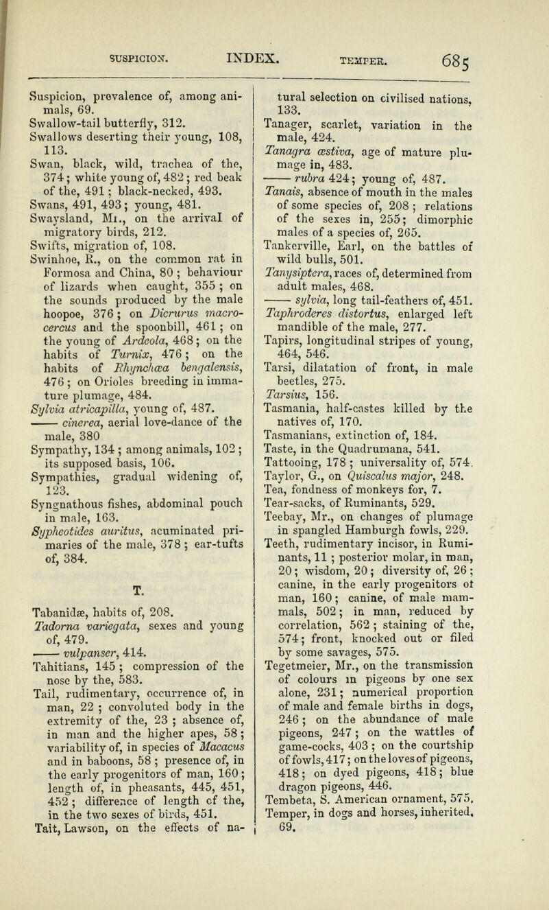 SUSPICION. INDEX. TEMFEK. Suspicion, provalence of, among ani¬ mals, 69. Swallow-tail butterfly, 312. Swallows deserting their young, 108, 113. Swan, black, wild, trachea of the, 374 ; white young of, 482 ; red beak of the, 491 ; black-necked, 493. Swans, 491, 493; young, 481. Swaysland, Mi., on the arrival of migratory birds, 212. Swifts, migration of, 108. Swinhoe, R., on the con?.mon rat in Formosa and China, 80 ; behaviour of lizards when caught, 355 ; on the sounds produced by the male hoopoe, 376 ; on Dicrurus macro- cercus and the spoonbill, 461 ; on the young of Ardeola, 468 ; on the habits of Turnix, 476 ; on the habits of Ehynchœa bengalensis, 476 ; on Orioles breeding in imma¬ ture plumage, 484. Sylvia atricapilla, young of, 487. cinerea^ aerial love-dance of the male, 380 Sympathy, 134 ; among animals, 102 ; its supposed basis, 106. Sympathies, gradual лvidening of, 123. Syngnathous fishes, abdominal pouch in male, 163. Sypheotides auritus, acuminated pri¬ maries of the male, 378 ; ear-tufts of, 384. T. Tabanidœ, habits of, 208. Tadorna variegata, sexes and young of, 479.  vulpanser, 414. Tahitians, 145 ; compression of the nose by the, 583. Tail, rudimentary, occurrence of, in man, 22 ; convoluted body in the e.Ktremity of the, 23 ; absence of, in man and the higher apes, 58 ; variability of, in species of Macacus and in baboons, 58 ; presence of, in the early progenitors of man, 160 ; length of, in pheasants, 445, 451, 452 ; difference of length of the, in the two sexes of birds, 451. Tait, Lawson, on the effects of na¬ tural selection ou civilised nations, 133. Tanager, scarlet, variation in the male, 424. Tanagra œstiva, age of mature plu¬ mage in, 483. rubra 424 ; young of, 487. Tanais, absence of mouth in the males of some species of, 208 ; relations of the sexes in, 255; dimorphic males of a species of, 265. Tankerville, Earl, on the battles of wild bulls, 501. Tanysiptera, races of, determined from adult males, 468. Sylvia, long tail-feathers of, 451. Taphroderes distortus, enlarged left mandible of the male, 277. Tapirs, longitudinal stripes of young, 464, 546. Tarsi, dilatation of front, in male beetles, 275. Tarsius, 156. Tasmania, half-castes killed by the natives of, 170. Tasmanians, extinction of, 184. Taste, in the Quadrumana, 541. Tattooing, 178 ; universality of, 574, Taylor, G., on Quiscalus major, 248. Tea, fondness of monkeys for, 7. Tear-sacks, of Ruminants, 529. Teebay, Mr., on changes of plumage in spangled Hamburgh fowls, 229. Teeth, rudimentary incisor, in Rumi¬ nants, 11 ; posterior molar, in man, 20 ; wisdom, 20 ; diversity of, 26 ; canine, in the early progenitors oí man, 160 ; canine, of male mam¬ mals, 502 ; in man, reduced by correlation, 562 ; staining of the, 574; front, knocked out or filed by some savages, 575. Tegetmeier, Mr., on the transmission of colours m pigeons by one sex alone, 231 ; numerical proportion of male and female births in dogs, 246 ; on the abundance of male pigeons, 247 ; on the wattles of game-cocks, 403 ; on the courtship of fowls, 417; on the loves of pigeons, 418; on dyed pigeons, 418; blue dragon pigeons, 446. Tembetá, S. American ornament, 575, Temper, in dogs and horses, inherited, 69,