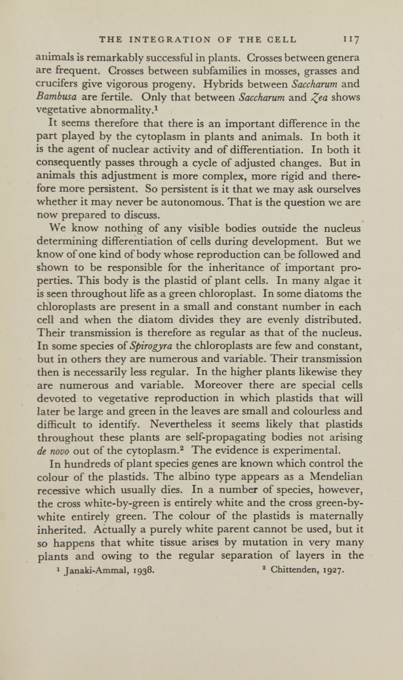 THE INTEGRATION OF THE CELL иу animals is remarkably successful in plants. Crosses between genera are frequent. Crosses between subfamilies in mosses, grasses and crucifers give vigorous progeny. Hybrids between Saccharum and Bambusa are fertile. Only that between Saccharum and shows vegetative abnormality.^ It seems therefore that there is an important difference in the part played by the cytoplasm in plants and animals. In both it is the agent of nuclear activity and of differentiation. In both it consequently passes through a cycle of adjusted changes. But in animals this adjustment is more complex, more rigid and there¬ fore more persistent. So persistent is it that we may ask ourselves whether it may never be autonomous. That is the question we are now prepared to discuss. We know nothing of any visible bodies outside the nucleus determining differentiation of cells during development. But we know of one kind of body whose reproduction can be followed and shown to be responsible for the inheritance of important pro¬ perties. This body is the plastid of plant cells. In many algae it is seen throughout life as a green chloroplast. In some diatoms the chloroplasts are present in a small and constant number in each cell and when the diatom divides they are evenly distributed. Their transmission is therefore as regular as that of the nucleus. In some species of Spirogyra the chloroplasts are few and constant, but in others they are numerous and variable. Their transmission then is necessarily less regular. In the higher plants likewise they are numerous and variable. Moreover there are special cells devoted to vegetative reproduction in which plastids that will later be large and green in the leaves are small and colourless and difficult to identify. Nevertheless it seems likely that plastids throughout these plants are self-propagating bodies not arbing de novo out of the cytoplasm.^ The evidence is experimental. In hundreds of plant species genes are known which control the colour of the plastids. The albino type appears as a Mendelian recessive which usually dies. In a number of species, however, the cross white-by-green is entirely white and the cross green-by- white entirely green. The colour of the plastids is maternally inherited. Actually a purely white parent cannot be used, but it so happens that white tissue arises by mutation in very many plants and owing to the regular separation of layers in the 1 Janaki-Ammal, 1938. * Chittenden, 1927.