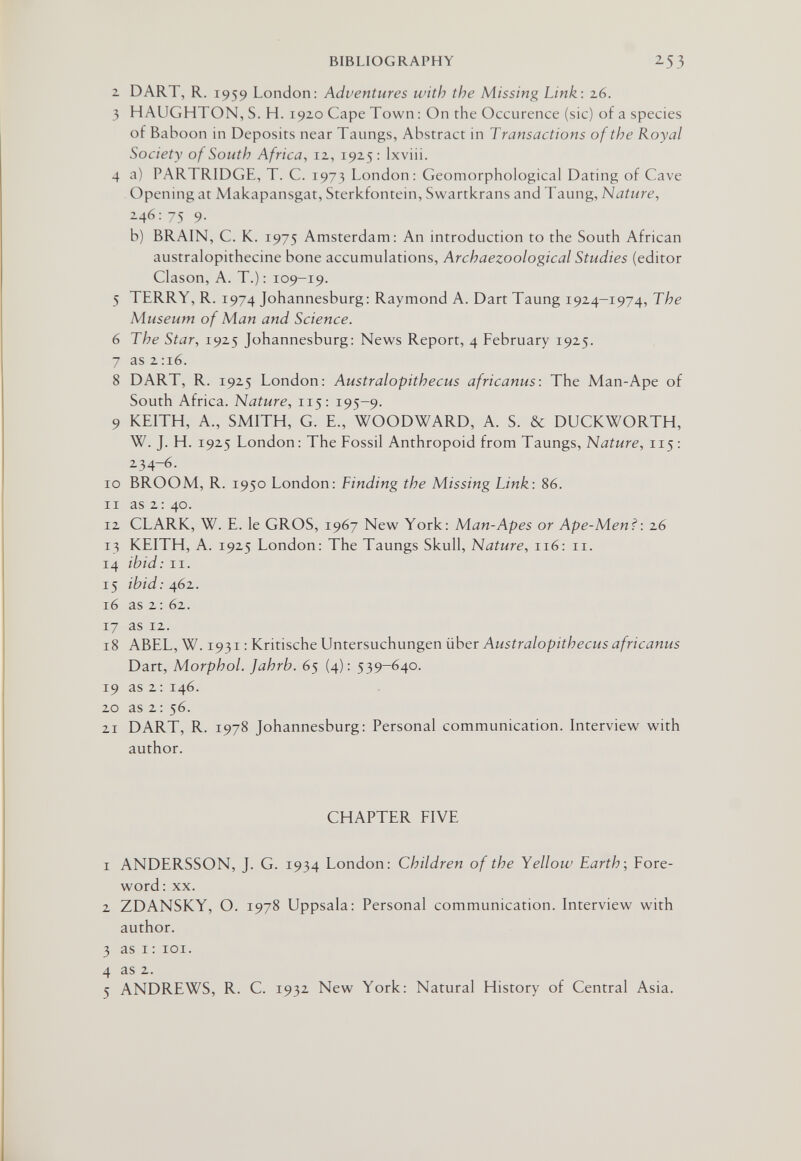 BIBLIOGRAPHY ^53 2 DART, R. 1959 London: Adventures with the Missing Link: z6. 3 HAUGHTON, S. H. 1920 Cape Town: On the Occurence (sic) of a species of Baboon in Deposits near Taungs, Abstract in Transactions of the Royal Society of South Africa, 12, 1925 : Ixviii. 4 a) PARTRIDGE, T. C. 1973 London: Geomorphological Dating of Cave Opening at Makapansgat, Sterkfontein, Swartkrans and Taung. Nature, 246: 75 9. b) BRAIN, C. K. 1975 Amsterdam: An introduction to the South African australopithecine bone accumulations, Archaezoological Studies (editor Clason, A. T.): 109-19. 5 TERRY, R. 1974 Johannesburg: Raymond A. Dart Taung 1924-1974, The Museum of Man and Science. 6 The Star, 1925 Johannesburg: News Report, 4 February 1925. 7 as 2:i6. 8 DART, R. 1925 London: Australopithecus africanus: The Man-Ape of South Africa. Nature, 115: 195-9. 9 KEITH, A., SMITH, G. E., WOODWARD, A. S. & DUCKWORTH, W. J. H. 1925 London: The Fossil Anthropoid from Taungs, Nature, 115 : 234-6. ID BROOM, R. 1950 London: Finding the Missing Link: 86. 11 as 2: 40. 12 CLARK, W. E. le GROS, 1967 New York: Man-Apes or Ape-Men?: 26 13 KEITH, A. 1925 London: The Taungs Skull, Nature, 116: 11. 14 ibid: II. 15 ibid: 462. 16 as 2: 62. 17 as 12. 18 ABEL, W. 1931 : KñúscheUntersuchungen über Australopithecus africanus Dart, Morphol. Jahrb. 65 (4): 539-640. 19 as 2: 146. 20 as 2: 56. 21 DART, R. 1978 Johannesburg: Personal communication. Interview with author. CHAPTER FIVE 1 ANDERSSON, J. G. 1934 London: Children of the Yellow Earth; Fore¬ word : XX. 2 ZDANSKY, O. 1978 Uppsala: Personal communication. Interview with author. 3 as I : ICI. 4 as 2. 5 ANDREWS, R. C. 1932 New York: Natural History of Central Asia.