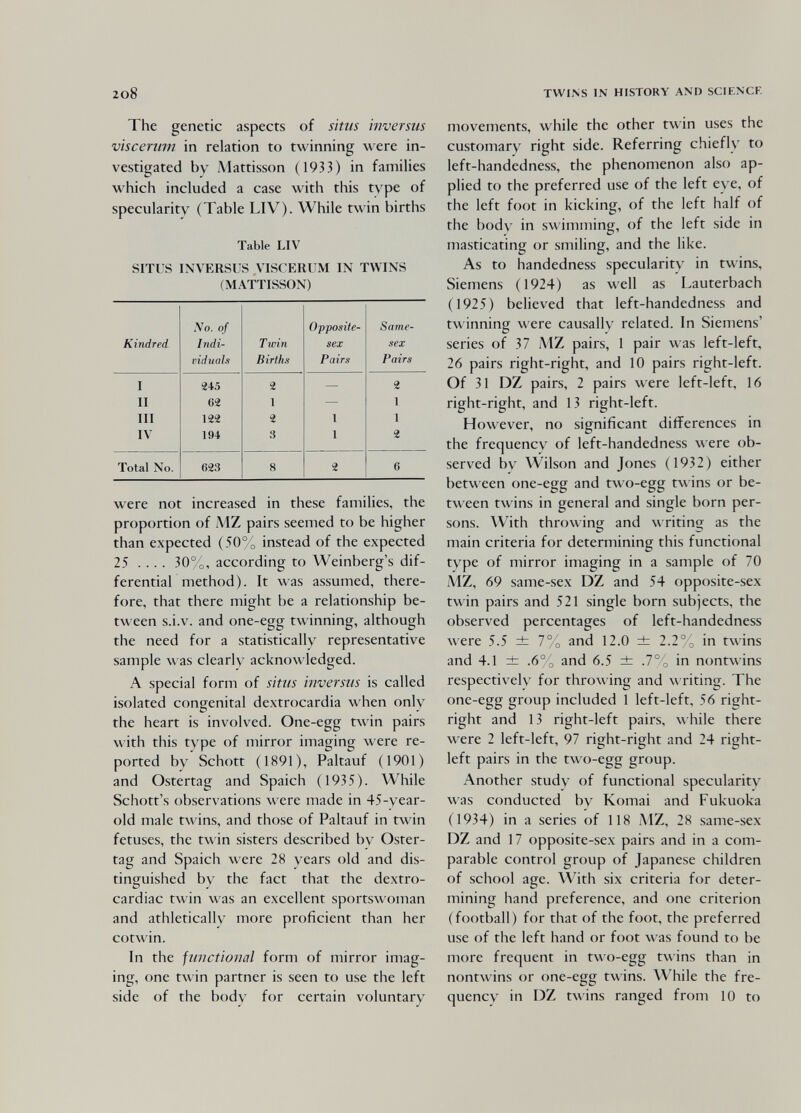 2o8 twins in history and scif.ncf, The genetic aspects of situs inversus viscerinn in relation to twinning were in¬ vestigated by Mattisson (1933) in families which included a case with this type of specularity (Table LIV). While twin births Table LIV SITUS INVERSUS VISCERUM IN TWINS (MATTISSON) were not increased in these families, the proportion of MZ pairs seemed to be higher than expected (50% instead of the expected 25 .... 30%, according to Weinberg's dif¬ ferential method). It was assumed, there¬ fore, that there might he a relationship be¬ tween s.i.\^ and one-egg twinning, although the need for a statistically representative sample was clearly acknowledged. A special form of situs inversus is called isolated congenital dextrocardia when only the heart is involved. One-egg twin pairs with this type of mirror imaging were re¬ ported by Schott (1891), Paltauf (1901) and Ostertag and Spaich (1935). While Schott's observations were made in 45-year- old male twins, and those of Paltauf in twin fetuses, the t\v in sisters described by Oster¬ tag and Spaich were 28 years old and dis¬ tinguished by the fact that the dextro- cardiac twin was an excellent sportswoman and athletically more proficient than her cotwin. In the fmictioval form of mirror imag¬ ing, one twin partner is seen to use the left side of the body for certain voluntary movements, while the other twin uses the customary right side. Referring chiefly to left-handedness, the phenomenon also ap¬ plied to the preferred use of the left eye, of the left foot in kicking, of the left half of the body in swimming, of the left side in masticating or smiling, and the like. As to handedness specularity in twins, Siemens (1924) as well as Lauterbach (1925) believed that left-handedness and twinning were causally related. In Siemens' series of 37 MZ pairs, 1 pair was left-left, 26 pairs right-right, and 10 pairs right-left. Of 31 DZ pairs, 2 pairs were left-left, 16 right-right, and 13 right-left. However, no significant differences in the frequency of left-handedness were ob¬ served by Wilson and Jones ( 1932) either between one-egg and two-egg t\\ ins or be¬ tween twins in general and single born per¬ sons. With throwing and writing as the main criteria for determining this functional type of mirror imaging in a sample of 70 AlZ, 69 same-sex DZ and 54 opposite-sex twin pairs and 521 single born subjects, the observed percentages of left-handedness were 5.5 ± 7°о and 12.0 ± 2.2°о in twins and 4.1 ± .6% and 6.5 ± .7°о in nontwins respectively for throwing and writing. The one-egg group included 1 left-left, 56 right- right and 13 right-left pairs, while there Avere 2 left-left, 97 right-right and 24 right- left pairs in the two-egg group. Another study of functional specularity was conducted by Komai and Fukuoka (1934) in a series of 118 iVlZ, 28 same-sex DZ and 17 opposite-sex pairs and in a com¬ parable control group of Japanese children of school age. With six criteria for deter¬ mining hand preference, and one criterion (football) for that of the foot, the preferred use of the left hand or foot was found to be more frequent in two-egg twins than in nontwins or one-egg twins. While the fre¬ quency in DZ twins ranged from 10 to