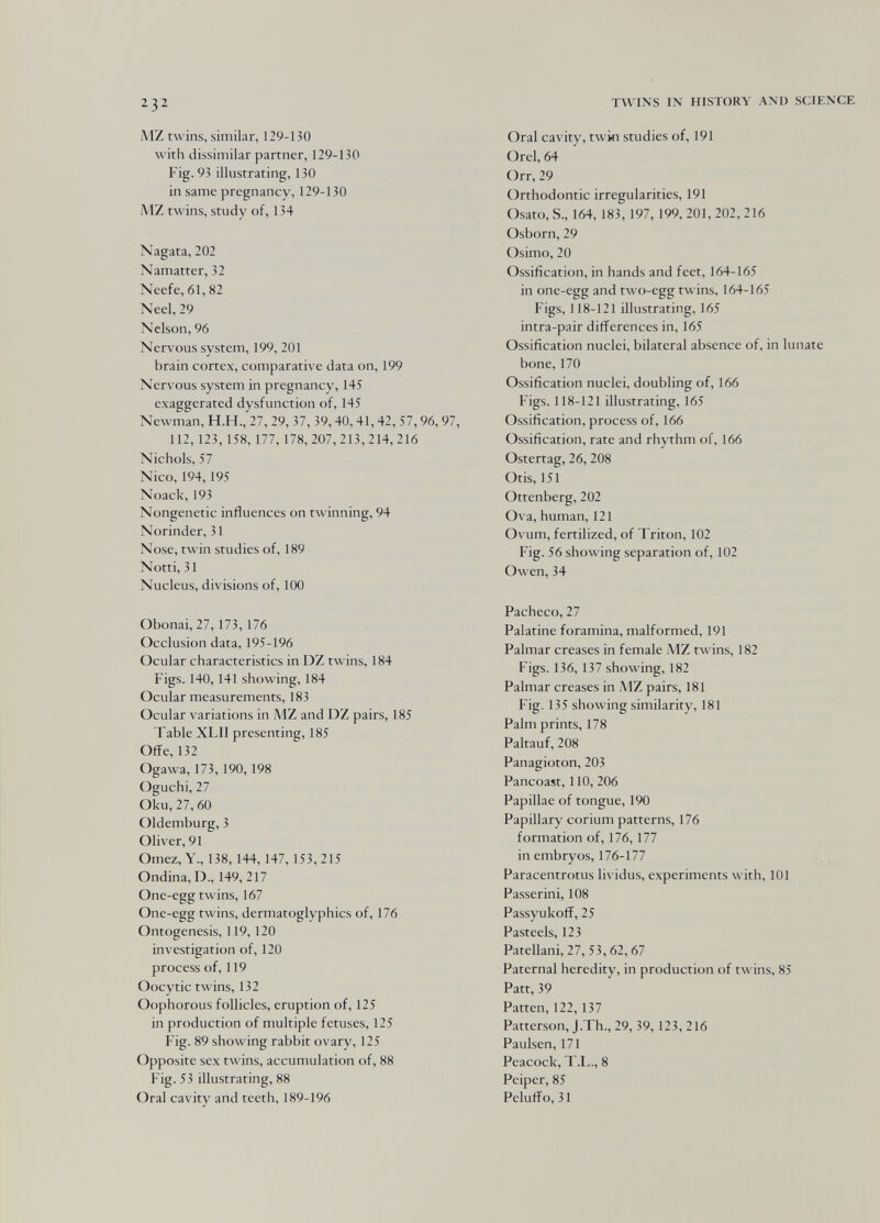 MZ twins, similar, 129-130 with dissimilar partner, 129-130 Fig. 93 illustrating, 130 in same pregnancy, 129-130 MZ twins, study of, 134 Nagata, 202 Namatter, 32 Neefe, 61, 82 Neel, 29 Nelson, 96 Nervous system, 199, 201 brain cortex, comparative data on, 199 Nervous system in pregnancy, 145 exaggerated dysfunction of, 14S Newman, H.H., 27, 29, 37, 39,40,41,42, 57,96,97, 112, 123, 158, 177, 178, 207,213,214,216 Nichols, 57 Nico, 194,195 Noack, 193 Nongenetic influences on twinning, 94 Norinder, 31 Nose, twin studies of, 189 Notti, 31 Nucleus, divisions of, 100 Obonai, 27, 173, 176 Occlusion data, 195-196 Ocular characteristics in DZ twins, 184 Figs. 140,141 showing, 184 Ocular measurements, 183 Ocular variations in MZ and DZ pairs, 185 Table XLII presenting, 185 Offe, 132 Ogawa, 173, 190, 198 Oguchi, 27 Oku, 27, 60 Oldemburg, 3 Oliver, 91 Omez, Y., 138, 144, 147, 153, 215 Ondina, D., 149, 217 One-egg twins, 167 One-egg twins, dermatoglyphics of, 176 Ontogenesis, 119,120 investigation of, 120 process of, 119 Oocytic twins, 132 Oophorous follicles, eruption of, 125 in production of multiple fetuses, 125 Fig. 89 showing rabbit ovary, 125 Opposite sex twins, accumulation of, 88 Fig. 53 illustrating, 88 Oral cavity and teeth, 189-196 TAVINS IN HISTORY AND SCIENCE Oral cavity, twin studies of, 191 Orel, 64 Orr, 29 Orthodontic irregularities, 191 Osato, S., 164, 183, 197, 199, 201, 202, 216 Osborn, 29 Osimo, 20 Ossification, in hands and feet, 164-165 in one-egg and two-egg twins, 164-165 Figs, 118-121 illustrating, 165 intra-pair differences in, 165 Ossification nuclei, bilateral absence of, in lunate bone, 170 Ossification nuclei, doubling of, 166 Figs. 118-121 illustrating, 165 Ossification, process of, 166 Ossification, rate and rhythm of, 166 Ostertag, 26, 208 Otis, 151 Ortenberg, 202 Ova, human, 121 Ovum, fertilized, of Triton, 102 Fig. 56 showing separation of, 102 Owen, 34 Pacheco, 27 Palatine foramina, malformed, 191 Palmar creases in female MZ twins, 182 Figs. 136, 137 showing, 182 Palmar creases in MZ pairs, 181 Fig. 135 showing similarity, 181 Palm prints, 178 Paltauf, 208 Panagioton, 203 Pancoast, 110, 206 Papillae of tongue, 190 Papillary corium patterns, 176 formation of, 176,177 in embryos, 176-177 Paracentrotus lividus, experiments with, 101 Passerini, 108 Passyukoff, 25 Pasteels, 123 Patellani, 27,53,62, 67 Paternal heredity, in production of twins, 85 Patt, 39 Patten, 122,137 Patterson, J.Th., 29, 39, 123, 216 Paulsen, 171 Peacock, T.L., 8 Peiper, 85 Peluffo, 31