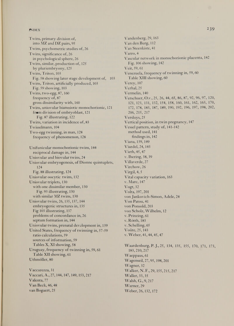 rsDF.X 239 Twins, primary division of, into A'lZ and DZ pairs, 95 Twins, psychometric studies of, 26 Twins, significance of, 26 in psychological sphere, 26 Twins, similar, production of, 125 by pluriembryony, 125 Twins, Triton, 103 Fig. 58 showing later stage development of, 103 Twins, Triton, artificially produced, 103 Fig. 59 showing, 103 Twins, two-egg, 87, 160 frequency of, 87 gross dissimilarity with, 160 Twins, uniovular biamniotic monochorionic, 121 fr#m division of embryoblast, 121 Fig. 87 illustrating, 122 Twins, variation in incidence of, 83 Twisselmann, 104 Two-egg twinning, in man, 128 frequency of phenomenon, 128 Unifunicular monochorionic twins, 144 reciprocal damage in, 144 Uniovular and biovular twins, 24 Uniovular embryogenesis, of Dionne quintuplets, 124 Fig. 88 illustrating, 124 Uniovular oocytic twins, 132 Uniovular triplets, 130 with one dissimilar member, 130 Fig. 93 illustrating, 130 with similar MZ twins, 130 Uniovular twins, 26, 135, 137, 144 embryogénie structures in, 135 P'ig 103 illustrating, 137 problems of concordance in, 26 septum formation in, 144 Uniovular twins, prenatal development in, 139 United States, frequency of twinning in, 57-59 ratio calculations, 59 sources of information, 59 Tables X, XI showing, 58 Uruguay, frequency of twinning in, 59,61 Table XII showing, 61 Uthmöller, 80 Vaccarezza, 31 Vaccari, A., 27,144,147, 149, 153, 217 Valenta, 77 Van Beck, 46,48 van Bogaert, 25 Vandenberg, 29,163 Van den Burg, 112 Van Steenkiste, 41 Varrò, 4 Vascular network in monochorionic placenta, 142 Fig. 106 showing, 142 Veit, 59, 61 Venezuela, frequency of twinning in, 59, 60 Table XIII showing, 60 \'erey, 107 Verbal, 25 Vermelin, 140 Verschuer, O.v., 25, 26, 44, 65, 86, 87, 92, 96, 97, 120, 121, 123, 131, 132, 154, 158, 160, 161, 162, 163, 170, 172, 178, 183, 187, 189, 190, 192, 196, 197, 198, 202, 206, 215, 217 Versluys, 25 V^ertical position, in twin pregnancy, 147 V^essel pattern, study of, 141-142 method used, 141 findings in, 142 Viana, 139,149 Viardel, 24,143 \4eth, 45,47 V. Ihering, 38, 39 V^llaverde, 27 Virchow, 26 \^irgil, 4, 5 \4tal capacity variation, 163 V. iVIarc, 147 Vogt, 32 Volta, 197, 201 von Jankovich-Simon, Adele, 24 \^on Patou, 41 von Ponsold, 203 von Scholz, Wilhelm, 12 V. Prinzing, 61 V. Rötth, 183 V. Schelling, 65 Voûte, 25, 143 V. Weber, 41,44,45,47 Waardenburg, P.J., 25, 134, 135, 155, 170, 171, 173, 183,210,217 Waeppaus, 61 Wagenseil, 27,95,198, 201 Wagner, 32 Walker, N. F., 29, 155,215, 217 Waller, 33, 35 Walsh, G., 9,217 Warner, 29 Weber, 26,132, 172