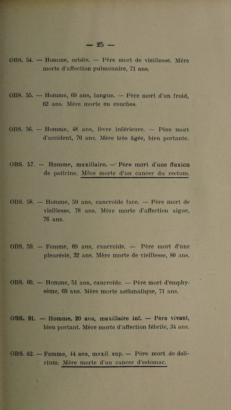 OBS. 54. — Homme, orbite. — Père mort de vieillesse. Mère morte d’affection pulmonaire, 71 ans. OBS. 55. — Homme, 69 ans, langue. — Père mort d’un froid, 62 ans. Mère morte en couches. OBS. 56. — Homme, 48 ans, lèvre inférieure. — Père mort d’accident, 70 ans. Mère très âgée, bien portante. OBS. 57. — Homme, maxillaire. —' Père mort d’une fluxion de poitrine. Mère morte d’un cancer du rectum. OBS. 58. — Homme, 59 ans, cancroïde face. — Père mort de vieillesse, 78 ans. Mère morte d’affection aigue, 76 ans. OBS. 59. — Femme, 69 ans, cancroïde. — Père mort d’une pleurésie, 32 ans. Mère morte de vieillesse, 80 ans. OBS. 60. — Homme, 51 ans, cancroïde. — Père mort d’emphy¬ sème, 69 ans. Mère morte asthmatique, 71 ans. OBS. 61. — Homme, 20 ans, maxillaire inf. — Père vivant, bien portant. Mère morte d’affection fébrile, 34 ans. OBS. 62. —Femme, 44 ans, maxil. sup. — Père mort de deli¬ rium. Mère morte d’un cancer d’estomac.