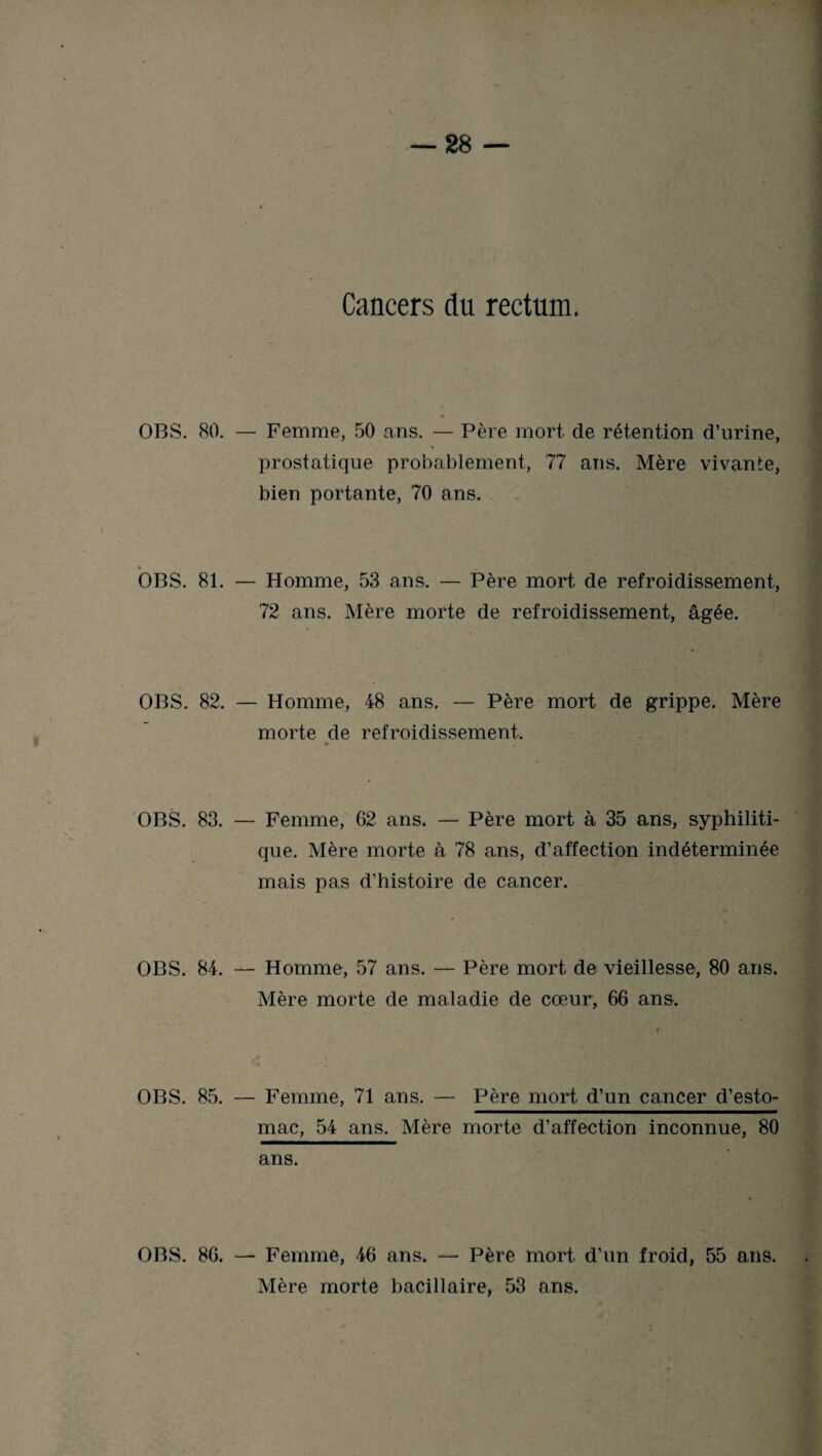 Cancers du rectum. OBS. 80. — Femme, 50 ans. — Père mort de rétention d’urine, prostatique probablement, 77 ans. Mère vivante, bien portante, 70 ans. OBS. 81. — Homme, 53 ans. — Père mort de refroidissement, 72 ans. Mère morte de refroidissement, âgée. OBS. 82. — Homme, 48 ans. — Père mort de grippe. Mère morte de refroidissement. OBS. 83. — Femme, 62 ans. — Père mort à 35 ans, syphiliti¬ que. Mère morte à 78 ans, d’affection indéterminée mais pas d’histoire de cancer. OBS. 84. — Homme, 57 ans. — Père mort de vieillesse, 80 ans. Mère morte de maladie de cœur, 66 ans. OBS. 85. — Femme, 71 ans. — Père mort d’un cancer d’esto¬ mac, 54 ans. Mère morte d’affection inconnue, 80 ans. OBS. 86. — Femme, 46 ans. — Père mort d’un froid, 55 ans. Mère morte bacillaire, 53 ans.