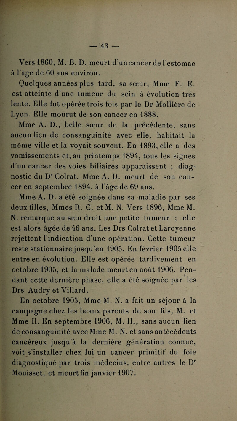 Vers 1860, M. B. D. meurt cTuncancer de l’estomac à l’âge de 60 ans environ. Quelques années plus tard, sa sœur, Mme F. E. est atteinte d’une tumeur du sein à évolution très lente. Elle fut opérée trois fois par le Dr Mollière de Lyon. Elle mourut de son cancer en 1888. Mme A. D., belle sœur de la précédente, sans aucun lien de consanguinité avec elle, habitait la meme ville et la voyait souvent. En 1893, elle a des vomissements et, au printemps 1894, tous les signes d’un cancer des voies biliaires apparaissent ; diag¬ nostic du Dr Golrat. Mme A. D. meurt de son can¬ cer en septembre 1894, à l’âge de 69 ans. Mme A. U. a été soignée dans sa maladie par ses deux filles, Mmes R. G. etM. N. Vers 1896, Mme M. N. remarque au sein droit une petite tumeur ; elle est alors âgée de 46 ans. Les Drs Golrat et Laroyenne rejettent l’indication d’une opération. Cette tumeur reste stationnaire jusqu’en 1905. En février 1905 elle entre en évolution. Elle est opérée tardivement en octobre 1905, et la malade meurt en août 1906. Pen¬ dant cette dernière phase, elle a été soignée par les Drs Audry et Villard. En octobre 1905, Mme M. N. a fait un séjour à la campagne chez les beaux parents de son fils, M. et Mme H. En septembre 1906, M. H., sans aucun lien de consanguinité avec Mme M. N. et sans antécédents cancéreux jusqu’à la dernière génération connue, voit s’installer chez lui un cancer primitif du foie diagnostiqué par trois médecins, entre autres le Dr Mouisset, et meurt fin janvier 1907.