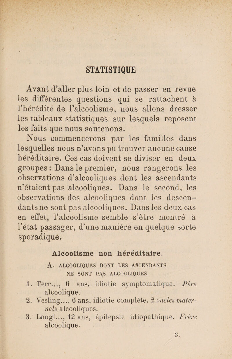 STATISTIQUE Avant d’aller plus loin et de passer en revue les différentes questions qui se rattachent à l’hérédité de l’alcoolisme, nous allons dresser les tableaux statistiques sur lesquels reposent les faits que nous soutenons. Nous commencerons par les familles dans lesquelles nous n’avons pu trouver aucune cause héréditaire. Ces cas doivent se diviser en deux groupes : Dans le premier, nous rangerons les observations d’alcooliques dont les ascendants n’étaient pas alcooliques. Dans le second, les observations des alcooliques dont les descen¬ dants ne sont pas alcooliques. Dans les deux cas en effet, l’alcoolisme semble s’être montré à l’état passager, d’une manière en quelque sorte sporadique. Alcoolisme non héréditaire. A. ALCOOLIQUES DONT LES ASCENDANTS NE SONT PAS ALCOOLIQUES 1. Terr..., 6 ans, idiotie symptomatique. Père alcoolique. 2. Vesling..., 6 ans, idiotie complète. 2 oncles mater¬ nels alcooliques. 3. Langl..., 12 ans, épilepsie idiopathique. Frère alcoolique.