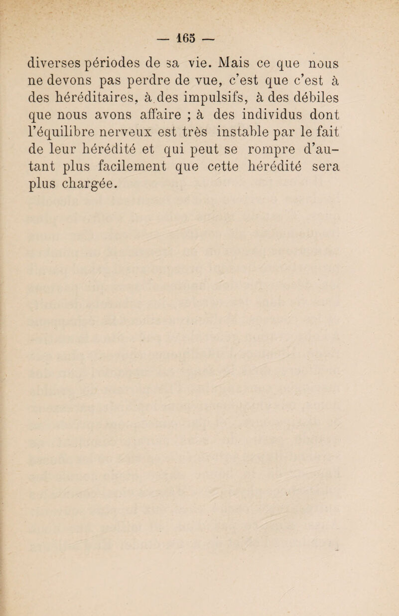 diverses périodes de sa vie. Mais ce que nous ne devons pas perdre de vue, c’est que c’est à des héréditaires, à des impulsifs, à des débiles que nous avons affaire ; à des individus dont l’équilibre nerveux est très instable par le fait de leur hérédité et qui peut se rompre d’au¬ tant plus facilement que cette hérédité sera plus chargée.