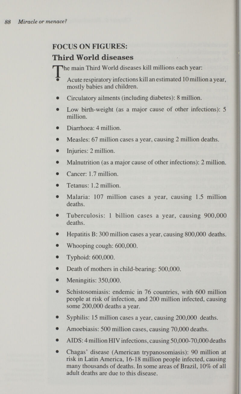 88 Miracle or menace'? FOCUS ON FIGURES: Third World diseases main Third World diseases kill millions each year: • Acute respiratory infections kill an estimated 10 million a year, mostly babies and children. • Circulatory ailments (including diabetes): 8 million. • Low birth-weight (as a major cause of other infections): 5 million. • Diarrhoea: 4 million. • Measles: 67 million cases a year, causing 2 million deaths. • Injuries: 2 million. • Malnutrition (as a major cause of other infections): 2 million. • Cancer: 1.7 million. • Tetanus: 1.2 million. • Malaria: 107 million cases a year, causing 1.5 million deaths. • Tuberculosis: 1 billion cases a year, causing 900,000 deaths. • Hepatitis B: 300 million cases a year, causing 800,000 deaths. • Whooping cough: 600,000. • Typhoid: 600,000. • Death of mothers in child-bearing: 500,000. • Meningitis: 350,000. • Schistosomiasis: endemic in 76 countries, with 600 million people at risk of infection, and 200 million infected, causing some 200,000 deaths a year. • Syphilis: 15 million cases a year, causing 200,000 deaths. • Amoebiasis: 500 million cases, causing 70,000 deaths. • AIDS: 4 million HIV infections, causing 50,000-70,000 deaths • Chagas' disease (American trypanosomiasis): 90 million at risk in Latin America, 16-18 million people infected, causing many thousands of deaths. In some areas of Brazil, 10% of all adult deaths are due to this disease.