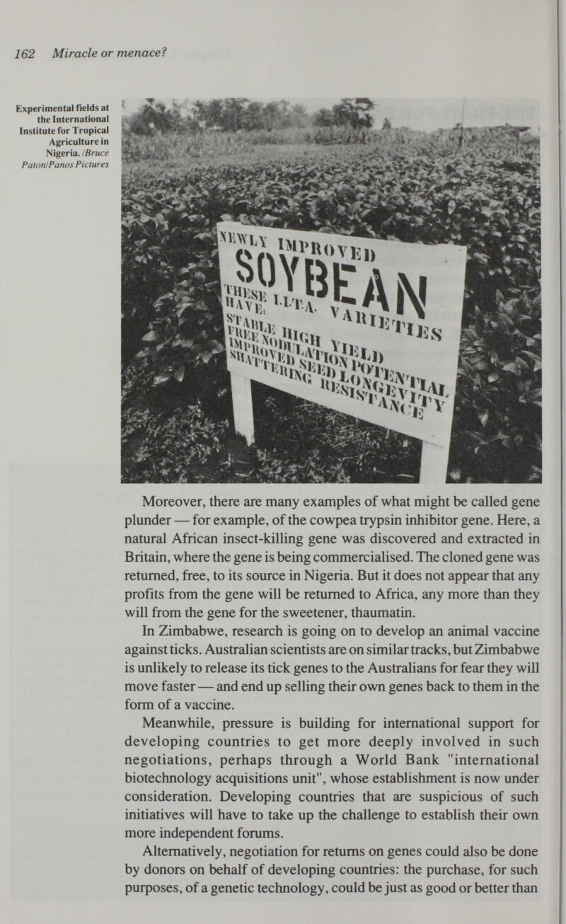 162 Miracle or menaceì Experimental fields at the International Institute for Tropical Agriculture in Nigeria. I Bruce Paton/Panos Pictures Moreover, there are many examples of what might be called gene plunder — for example, of the cowpea trypsin inhibitor gene. Here, a natural African insect-killing gene was discovered and extracted in Britain, where the gene is being commercialised. The cloned gene was returned, free, to its source in Nigeria. But it does not appear that any profits from the gene will be returned to Africa, any more than they will from rhe gene for the sweetener, thaumatin. In Zimbabwe, research is going on to develop an animal vaccine against ticks. Australian scientists are on similar tracks, but Zimbabwe is unlikely to release its tick genes to the Australians for fear they will move faster — and end up selling their own genes back to them in the form of a vaccine. Meanwhile, pressure is building for international support for developing countries to get more deeply involved in such negotiations, perhaps through a World Bank international biotechnology acquisitions unit, whose establishment is now under consideration. Developing countries that are suspicious of such initiatives will have to take up the challenge to establish their own more independent forums. Alternatively, negotiation for retums on genes could also be done by donors on behalf of developing countries: the purchase, for such puфoses, of a genetic technology, could be just as good or better than