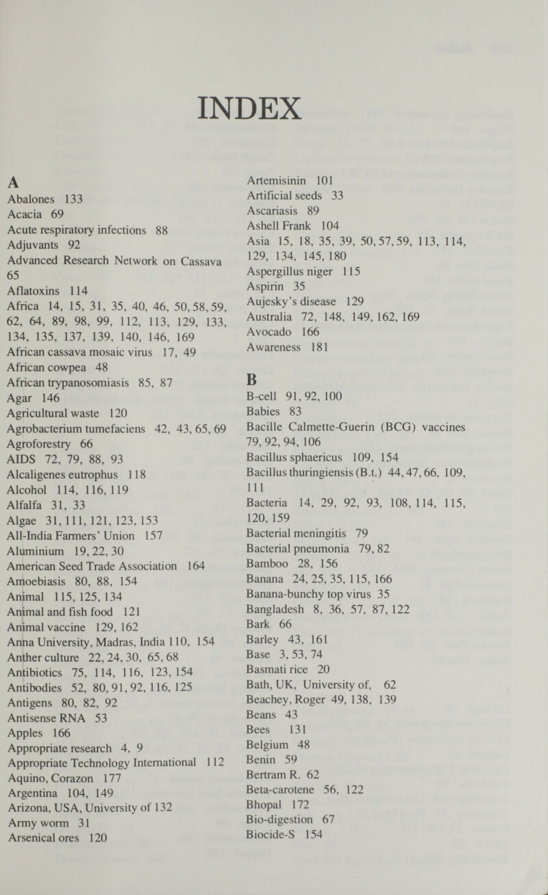 INDEX A Abalones 133 Acacia 69 Acute respiratory infections 88 Adjuvants 92 Advanced Research Network on Cassava 65 Aflatoxins 114 Africa 14, 15, 31, 35, 40, 46, 50,58,59, 62, 64, 89, 98, 99, 112, 113, 129, 133, 134, 135, 137, 139, 140, 146, 169 African cassava mosaic virus 17,49 African cowpea 48 African trypanosomiasis 85, 87 Agar 146 Agricultural waste 120 Agrobacterium tumefaciens 42, 43, 65, 69 Agroforestry 66 AIDS 72, 79, 88, 93 Alcaligenes eutrophus 118 Alcohol 114, 116,119 Alfalfa 31, 33 Algae 31,111,121,123,153 All-India Farmers'Union 157 Aluminium 19,22,30 American Seed Trade Association 164 Amoebiasis 80, 88, 154 Animal 115,125,134 Animal and fish food 121 Animal vaccine 129, 162 Anna University, Madras, India 110, 154 Anther culture 22, 24, 30, 65, 68 Antibiotics 75, 114, 116, 123, 154 Antibodies 52, 80,91,92,116,125 Antigens 80, 82, 92 Antisense RNA 53 Apples 166 Appropriate research 4, 9 Appropriate Technology International 112 Aquino, Corazon 177 Argentina 104, 149 Arizona, USA, University of 132 Army worm 31 Arsenical ores 120 Artemisinin 101 Artificial seeds 33 Ascariasis 89 Ashell Frank 104 Asia 15, 18, 35, 39, 50,57,59, 113, 114, 129, 134, 145, 180 Aspergillus niger 115 Aspirin 35 Aujesky's disease 129 Australia 72, 148, 149, 162, 169 Avocado 166 Awareness 181 В B-cell 91,92,100 Babies 83 Bacille Calmette-Guerin (BCG) vaccines 79, 92, 94, 106 Bacillus sphaericus 109, 154 Bacillus thuringiensis(B.t.) 44,47,66, 109, 111 Bacteria 14, 29, 92, 93, 108,114, 115, 120, 159 Bacterial meningitis 79 Bacterial pneumonia 79, 82 Bamboo 28, 156 Banana 24, 25, 35, 115, 166 Banana-bunchy top virus 35 Bangladesh 8, 36, 57, 87, 122 Bark 66 Barley 43, 161 Base 3, 53, 74 Basmati rice 20 Bath, UK, University of, 62 Beachey, Roger 49, 138, 139 Beans 43 Bees 131 Belgium 48 Benin 59 Bertram R. 62 Beta-carotene 56, 122 Bhopal 172 Bio-digestion 67 Biocide-S 154 J