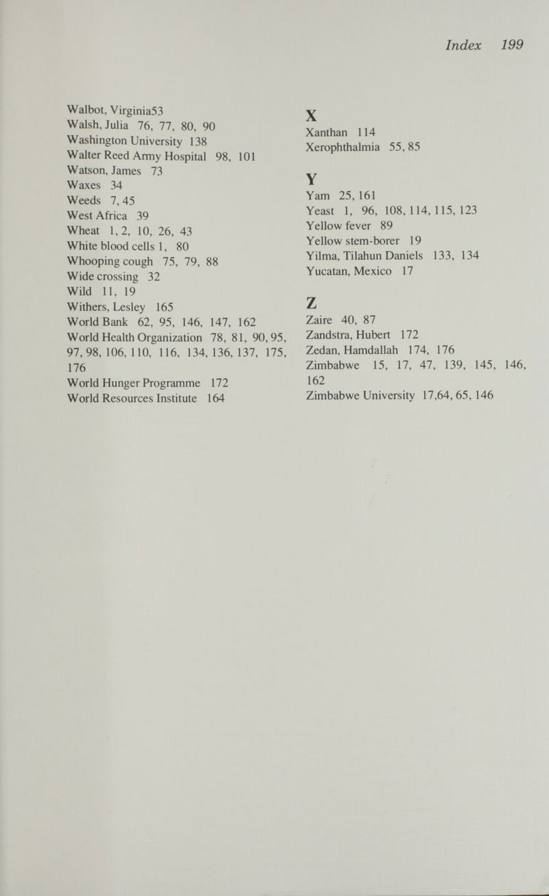 Index 199 Walbot, Virginia53 Walsh, Julia 76, 77, 80, 90 Washington University 138 Walter Reed Army Hospital 98, 101 Watson, James 73 Waxes 34 Weeds 7, 45 West Africa 39 Wheat 1,2, 10, 26, 43 White blood cells 1, 80 Whooping cough 75, 79, 88 Wide crossing 32 Wild 11, 19 Withers, Lesley 165 World Bank 62, 95, 146, 147, 162 World Health Organization 78, 81, 90,95, 97,98,106,110, 116, 134,136,137, 175, 176 World Hunger Programme 172 World Resources Institute 164 X Xanthan 114 Xerophthalmia 55, 85 Y Yam 25, 161 Yeast 1, 96, 108, 114, 115, 123 Yellow fever 89 Yellow stem-borer 19 Yilma, Tilahun Daniels 133, 134 Yucatan, Mexico 17 z Zaire 40, 87 Zandstra, Hubert 172 Zedan, Hamdallah 174, 176 Zimbabwe 15, 17, 47, 139, 145, 146, 162 Zimbabwe University 17,64,65, 146
