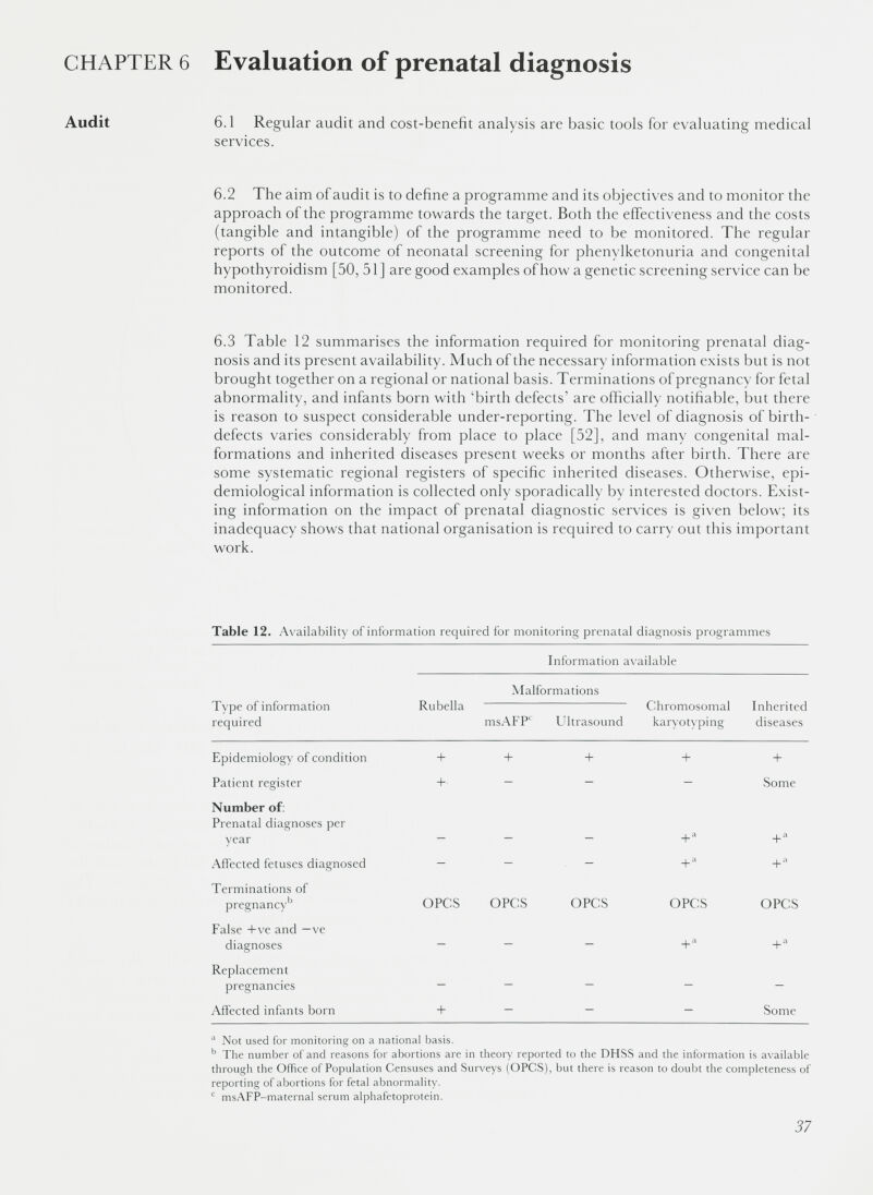 CHAPTER 6 Evaluation of prenatal diagnosis Audit 6.1 Regular audit and cost-benefit analysis are basic tools for evaluating medical services. 6.2 The aim of audit is to define a programme and its objectives and to monitor the approach of the programme towards the target. Both the effectiveness and the costs (tangible and intangible) of the programme need to be monitored. The regular reports of the outcome of neonatal screening for phenylketonuria and congenital hypothyroidism [50, 51] are good examples of how a genetic screening service can be monitored. 6.3 Table 12 summarises the information required for monitoring prenatal diag nosis and its present availability. Much of the necessary information exists but is not brought together on a regional or national basis. Terminations of pregnancy for fetal abnormality, and infants born with 'birth defects’ are officially notifiable, but there is reason to suspect considerable under-reporting. The level of diagnosis of birth- defects varies considerably from place to place [52], and many congenital mal formations and inherited diseases present weeks or months after birth. There are some systematic regional registers of specific inherited diseases. Otherwise, epi demiological information is collected only sporadically by interested doctors. Exist ing information on the impact of prenatal diagnostic services is given below; its inadequacy shows that national organisation is required to carry out this important work. Table 12. Availability of information required for monitoring prenatal diagnosis programmes Information available Type of information required Rubella Malformations Inherited diseases msAFP' Ultrasound Chromosomal karyotyping Epidemiology of condition + + + + + Patient register +■ - - - Some Number of: Prenatal diagnoses per year + a + a Affected fetuses diagnosed - - - + a + a Terminations of pregnancy b OPCS OPCS OPCS OPCS OPCS False +ve and —ve diagnoses - - - + a + a Replacement pregnancies - - - - - Affected infants born + - - - Some a Not used for monitoring on a national basis. b The number of and reasons for abortions are in theory reported to the DHSS and the information is available through the Office of Population Censuses and Surveys (OPCS), but there is reason to doubt the completeness of reporting of abortions for fetal abnormality. c msAFP-maternal serum alphafetoprotein.